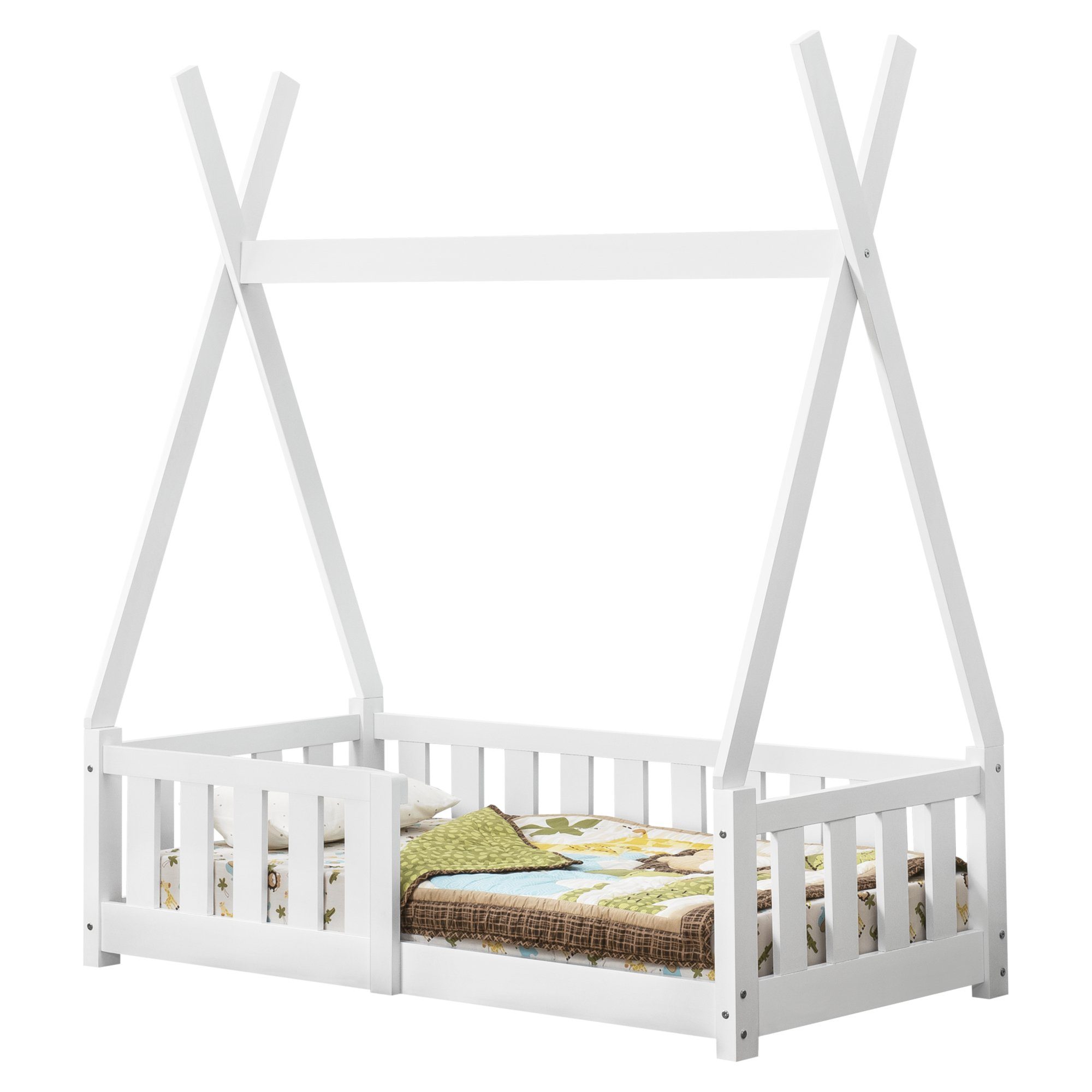 en.casa Kinderbett, »Helsingborg« Tipi Bett mit Rausfallschutz 70x140cm Kiefernholz weiß