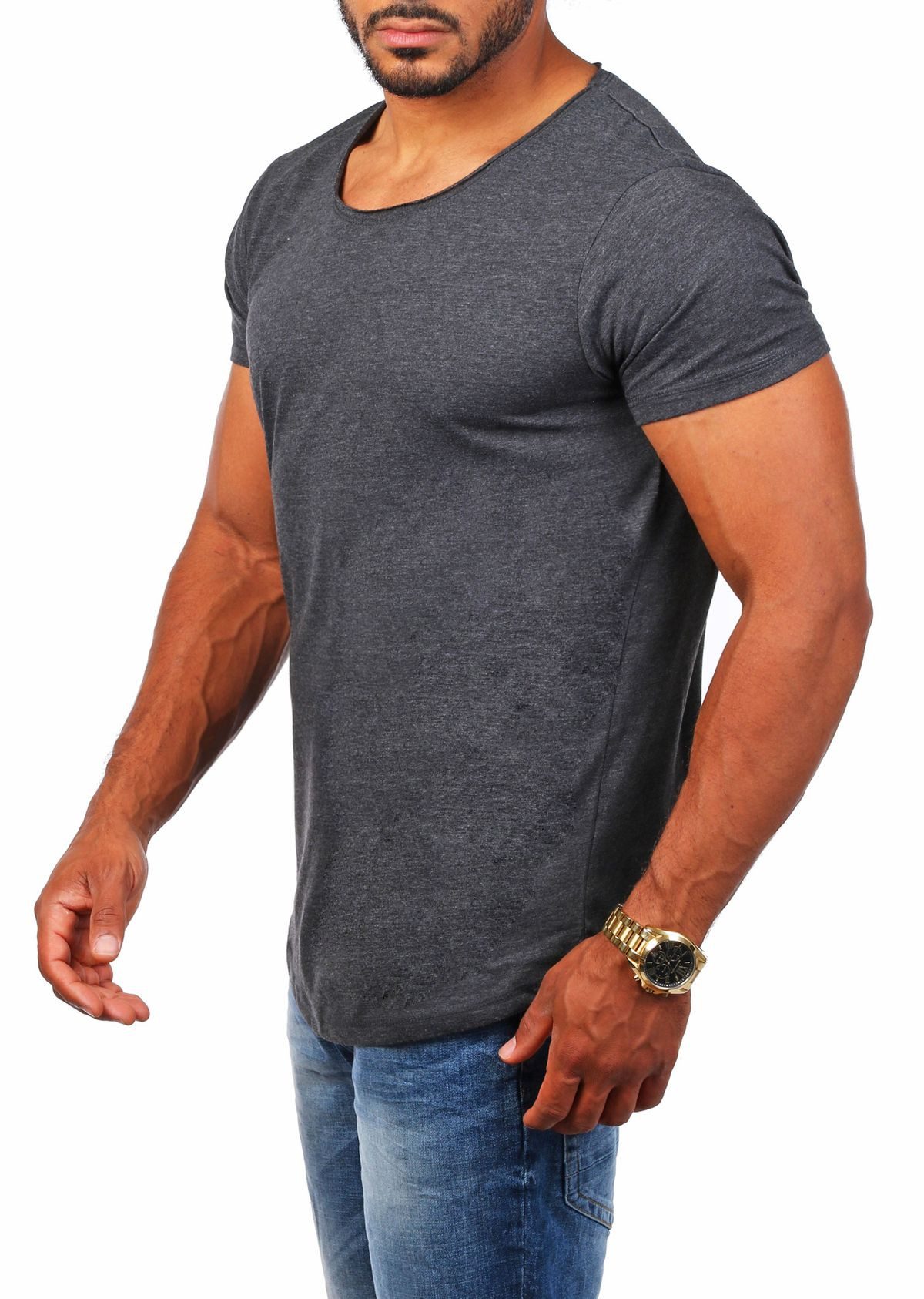 Young & Rich T-Shirt Herren Uni Basic 1702 tief-breit geschnittener Ausschnitt vintage Look (5er-Pack, 5-tlg., 5er-Pack) Rundhalsauschnitt unifarben kurzarm slim fit