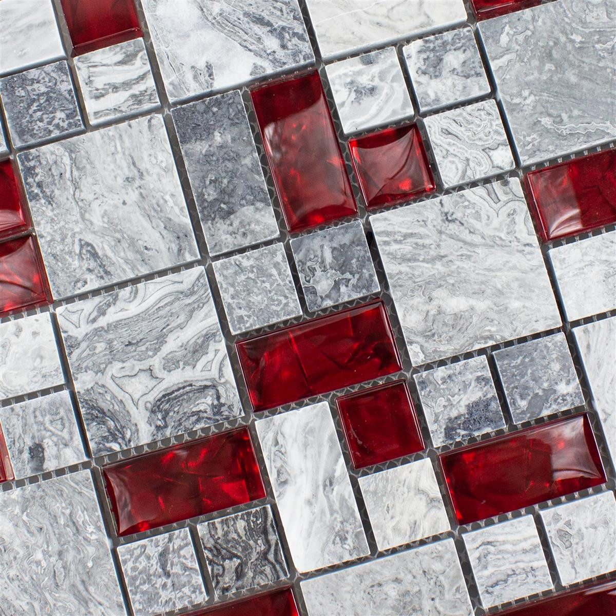 Mosafil Mosaikfliesen Glas Naturstein Mosaik Fliesen Sinop 2 Mix, Naturstein-Glas-Marmor 30.000x30.000, rot-grau, Verlegefertig auf ein Netz geklebt - Wasserfest