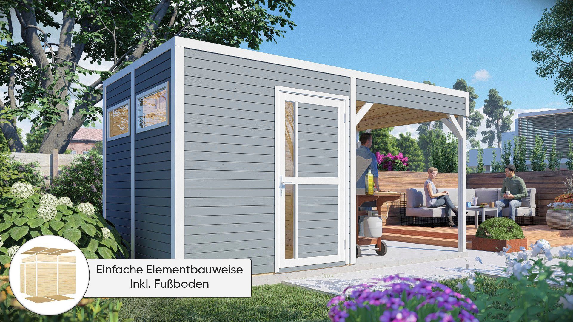 KONIFERA Gartenhaus Cubus 2 Lounge, BxT: 449x240 cm, mit Anbaudach