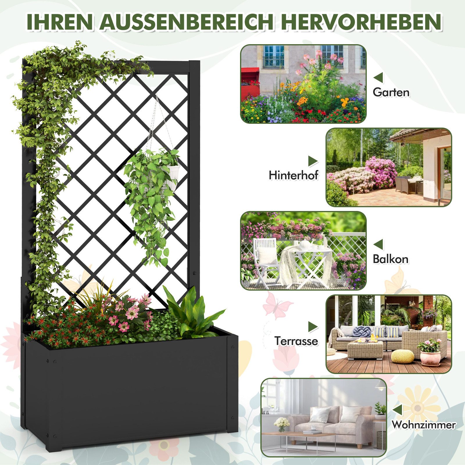 COSTWAY Blumenkasten (1 St), Hochbeet, mit Rankgitter, für Kletterpflanzen, 63x31x112cm