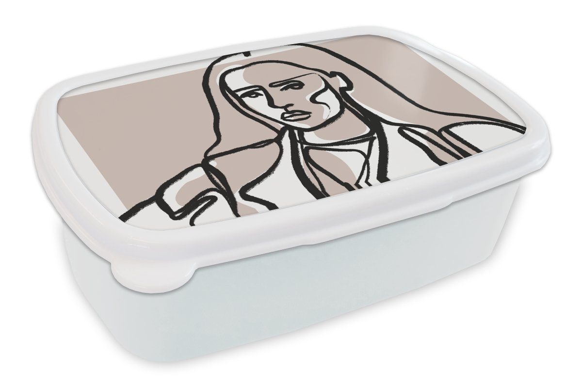 MuchoWow Lunchbox Porträt - Frau - Strichzeichnung - Pastell, Kunststoff, (2-tlg), Brotbox für Kinder und Erwachsene, Brotdose, für Jungs und Mädchen weiß