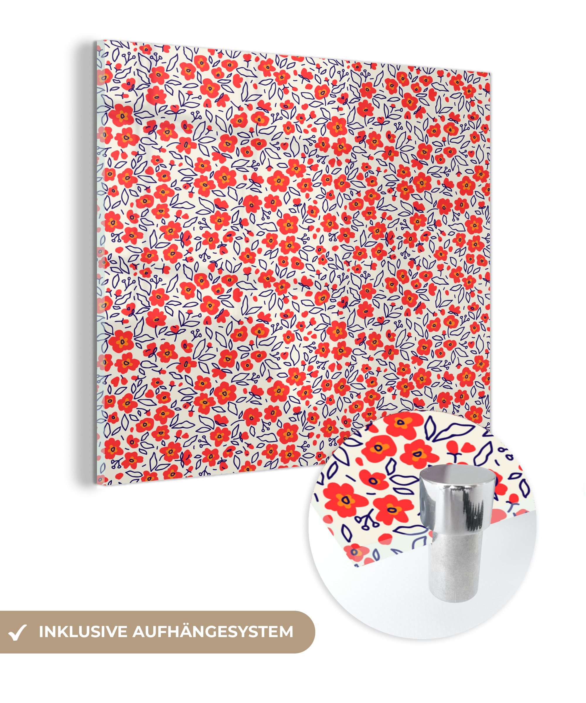 MuchoWow Acrylglasbild Blumen - Rot - Illustration, (1 St), Glasbilder - Bilder auf Glas Wandbild - Foto auf Glas - Wanddekoration