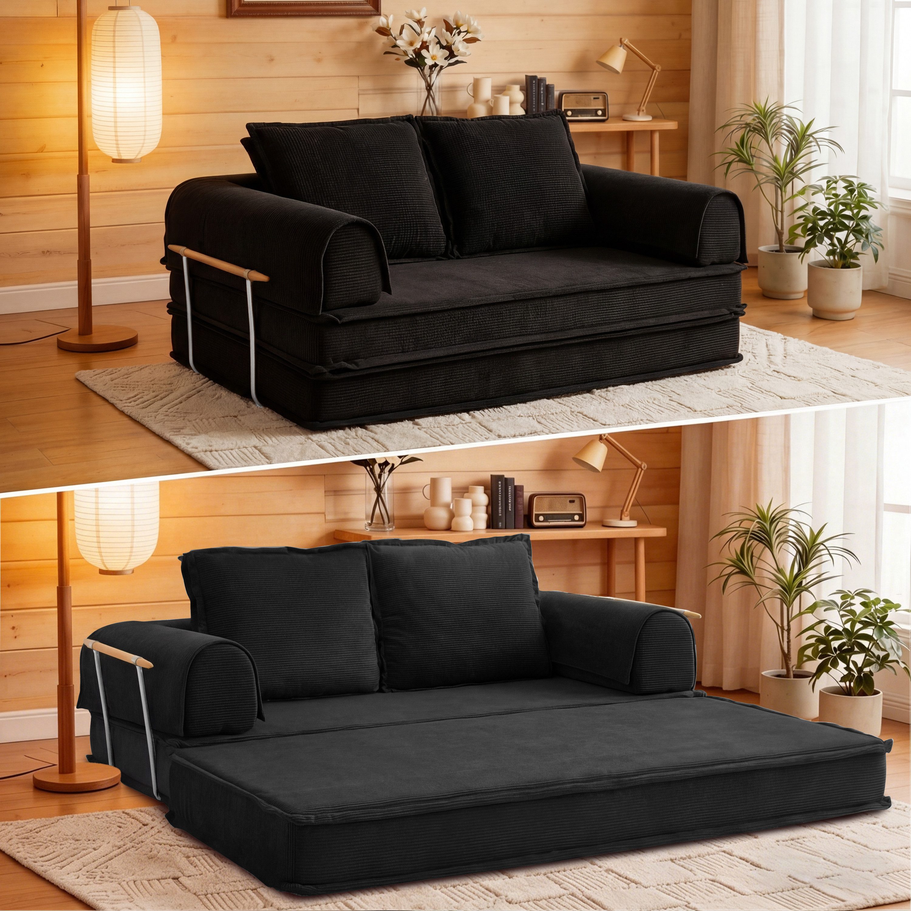 Vipbear Schlafsofa 200cm Cord Schlafsofa, Memory Foam, 4-in-1 Multifunktionssofa, 1 Teile, 200×103×73cm, schwarz