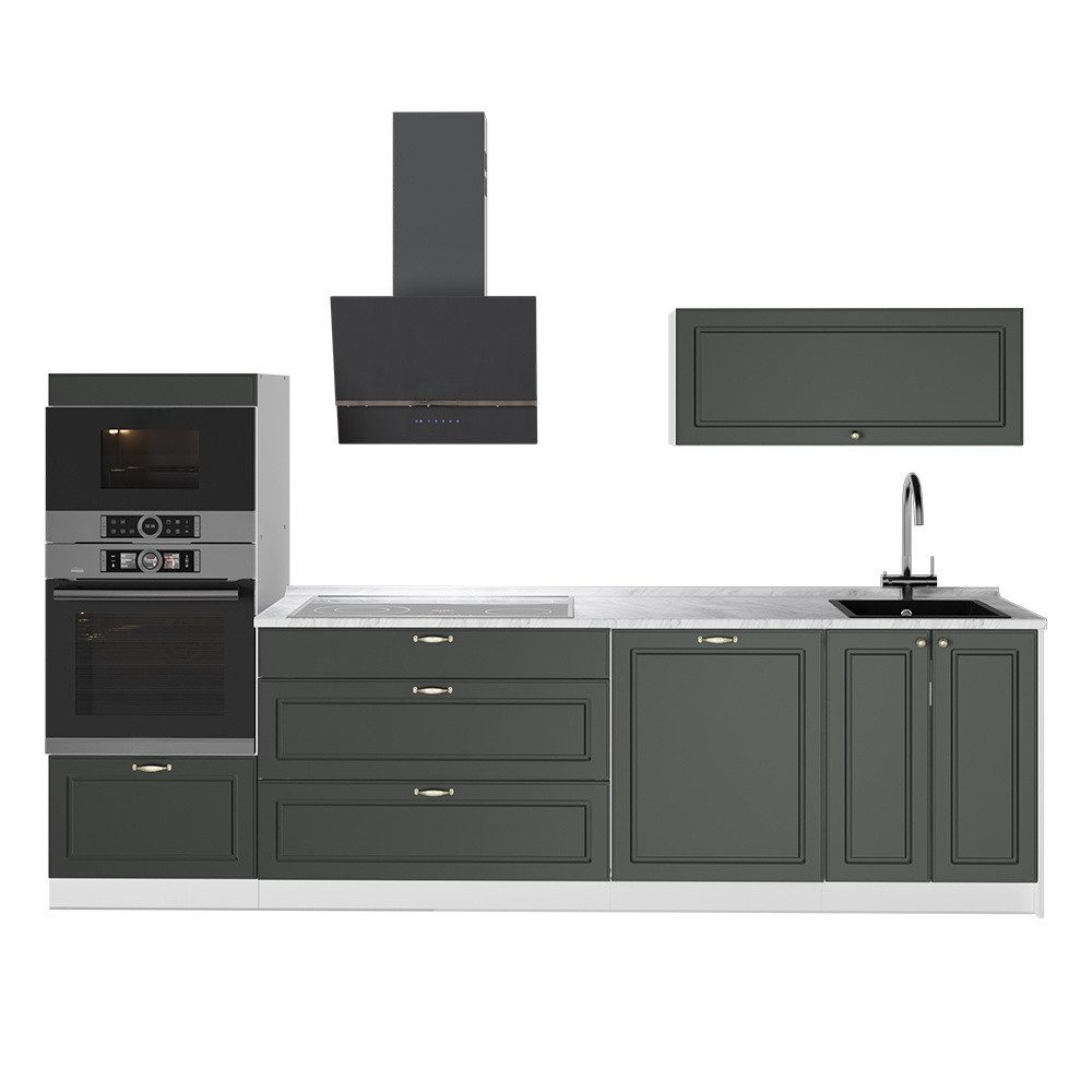 Vicco Küchenzeile Fame-Line, Grün-Gold Landhaus/Weiß, 280 cm, AP Marmor
