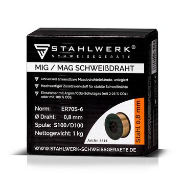 STAHLWERK Schweißdraht 0,8 mm MIG MAG ER70S-6 SG2 auf D100 Drahtrolle 1kg, Stahl, für Schweißgeräte mit 16 mm Spulendorn-Aufnahme