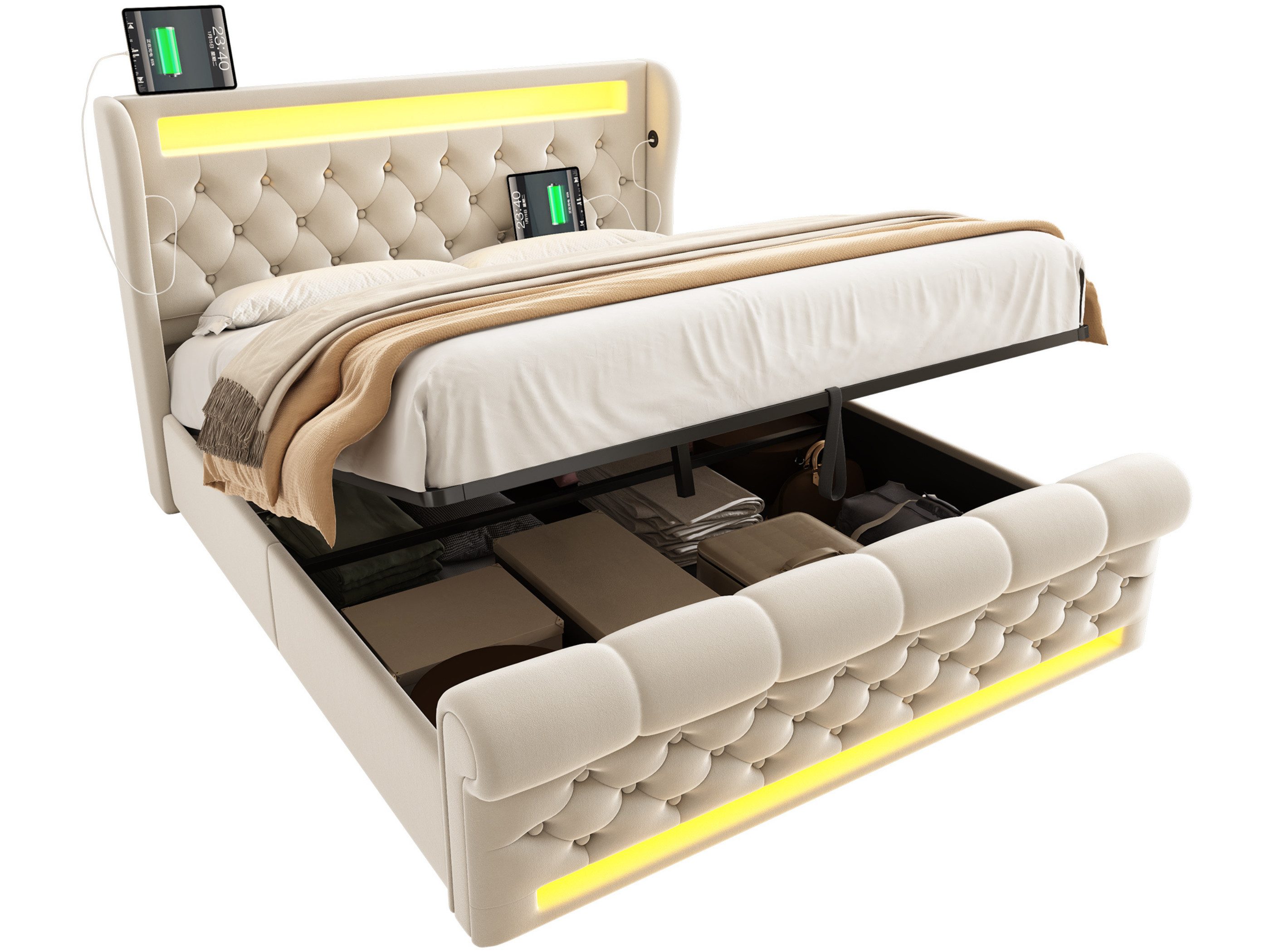 SeedWave Polsterbett Samt LED Hydraulisches Bett mit USB/Type-C Anschluss,90/140/160×200cm, Stauraumbett mit einstellbaren Lichtfarben