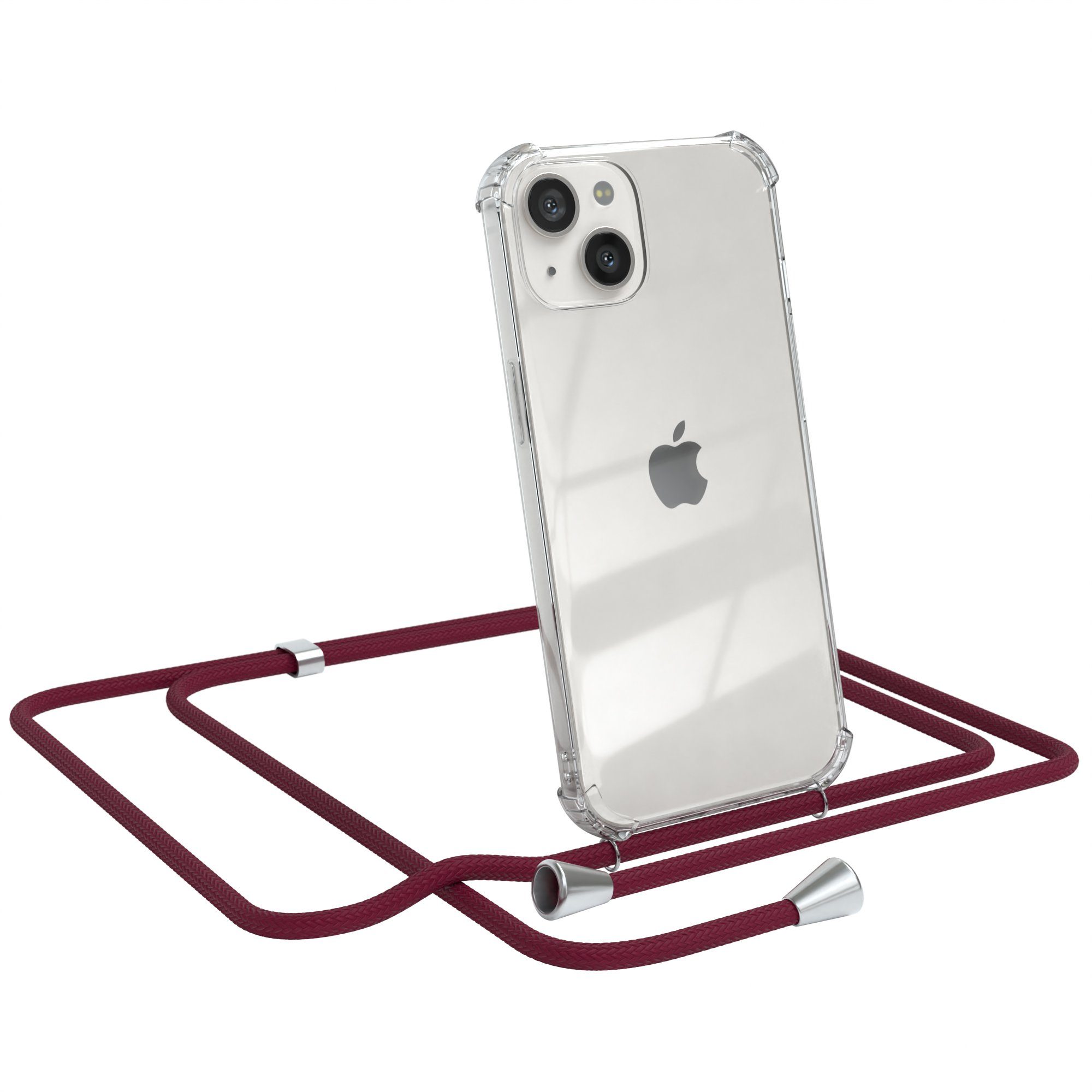 EAZY CASE Handykette Hülle mit Kette für Apple iPhone 13 6,1 Zoll, Silikonhülle durchsichtig mit Umhängeband Handytasche Bordeaux Rot