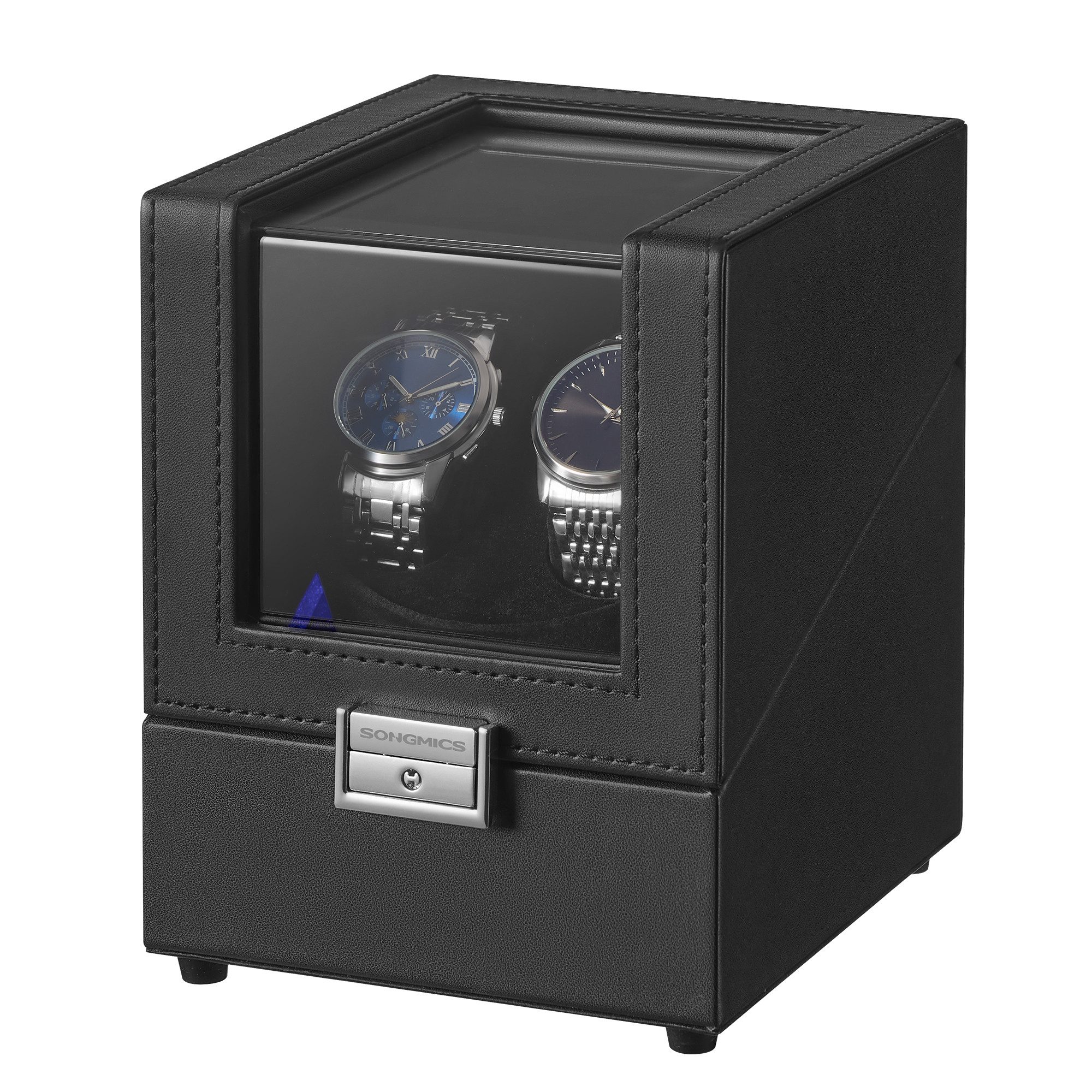 SONGMICS Uhrenbeweger Uhrenbox, Premium-Motor, mit LED-Licht, verstellbarem Uhrenkissen, Automatik Uhrenbeweger 2Uhr, Schloss, 4 Rotationsmodi, USB-C-Ladekabel