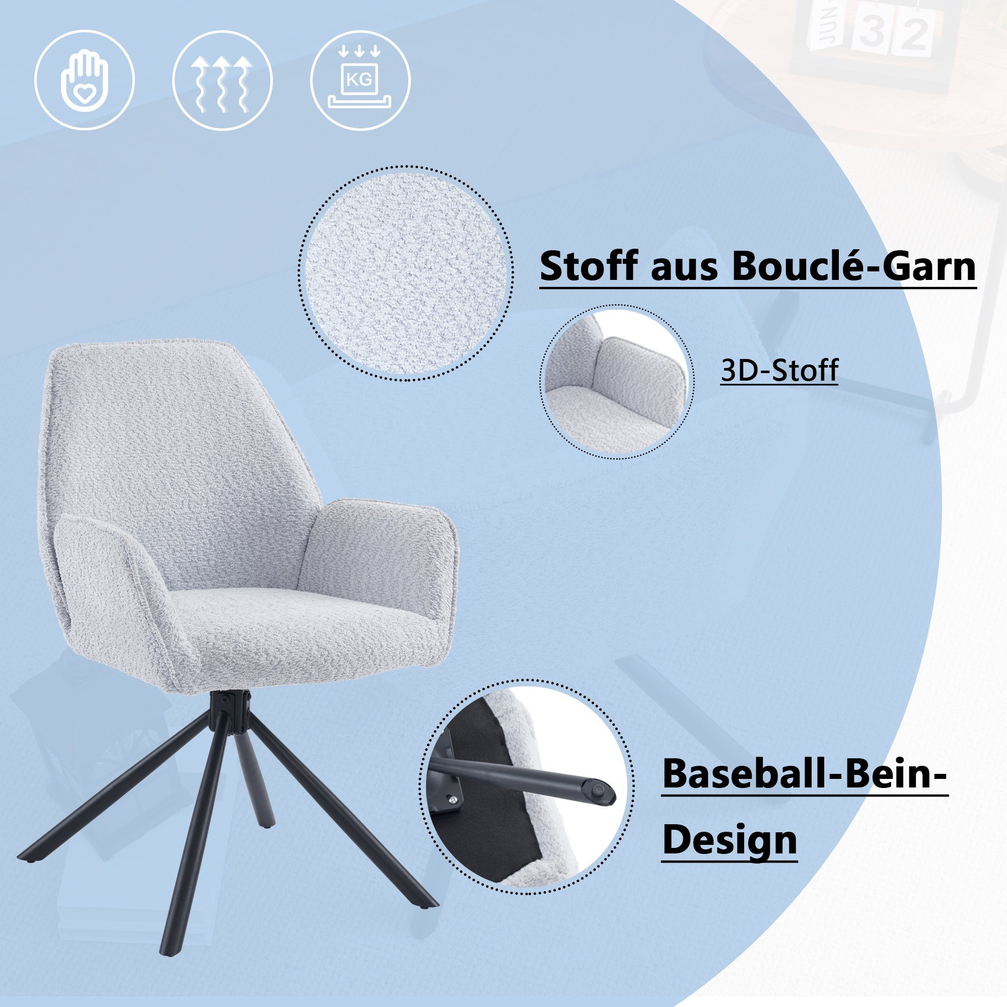 OKWISH Sessel, Beinen, 180° Loungesessel Freizeitstuhl,drehbarer Baseballbeinstuhl, mit Polsterstuhl Esszimmerstuhl), Relaxsessel (Metallstuhl drehbarer vier TV-Sessel einzelner Sofastuhl grau Drehsessel