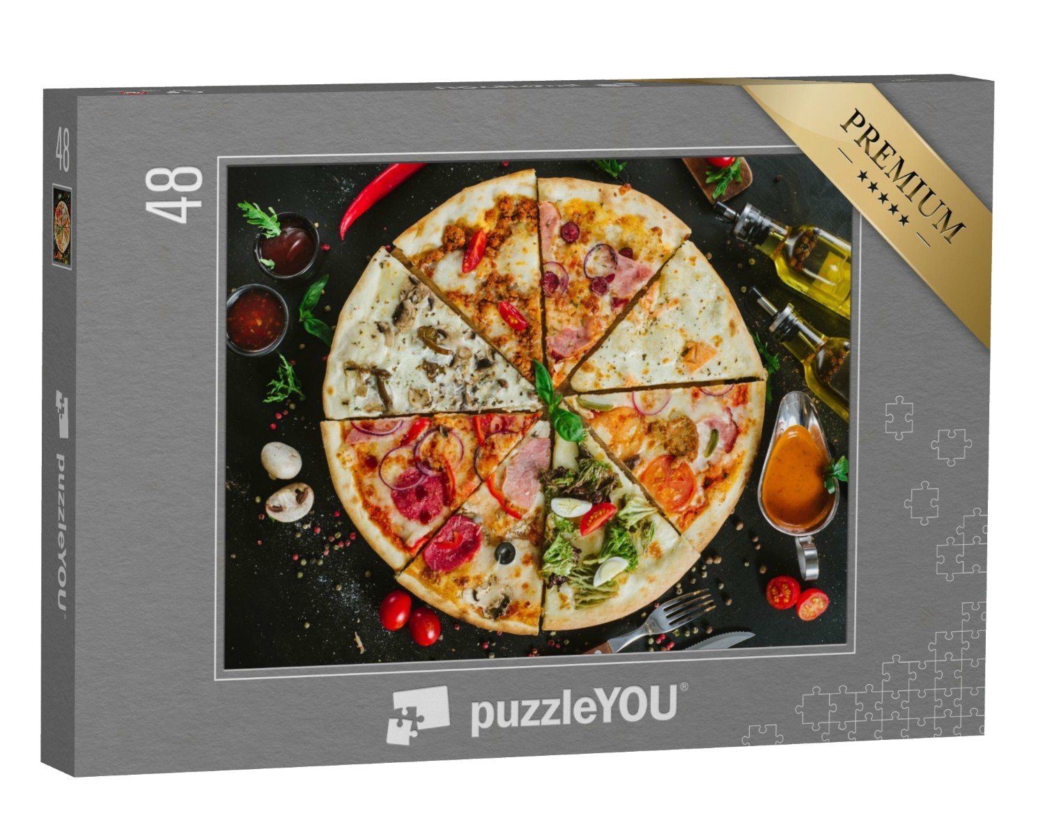 puzzleYOU Puzzle Verschiedene Pizzastücke einer großen Pizza, 48 Puzzleteile, puzzleYOU-Kollektionen Essen und Trinken