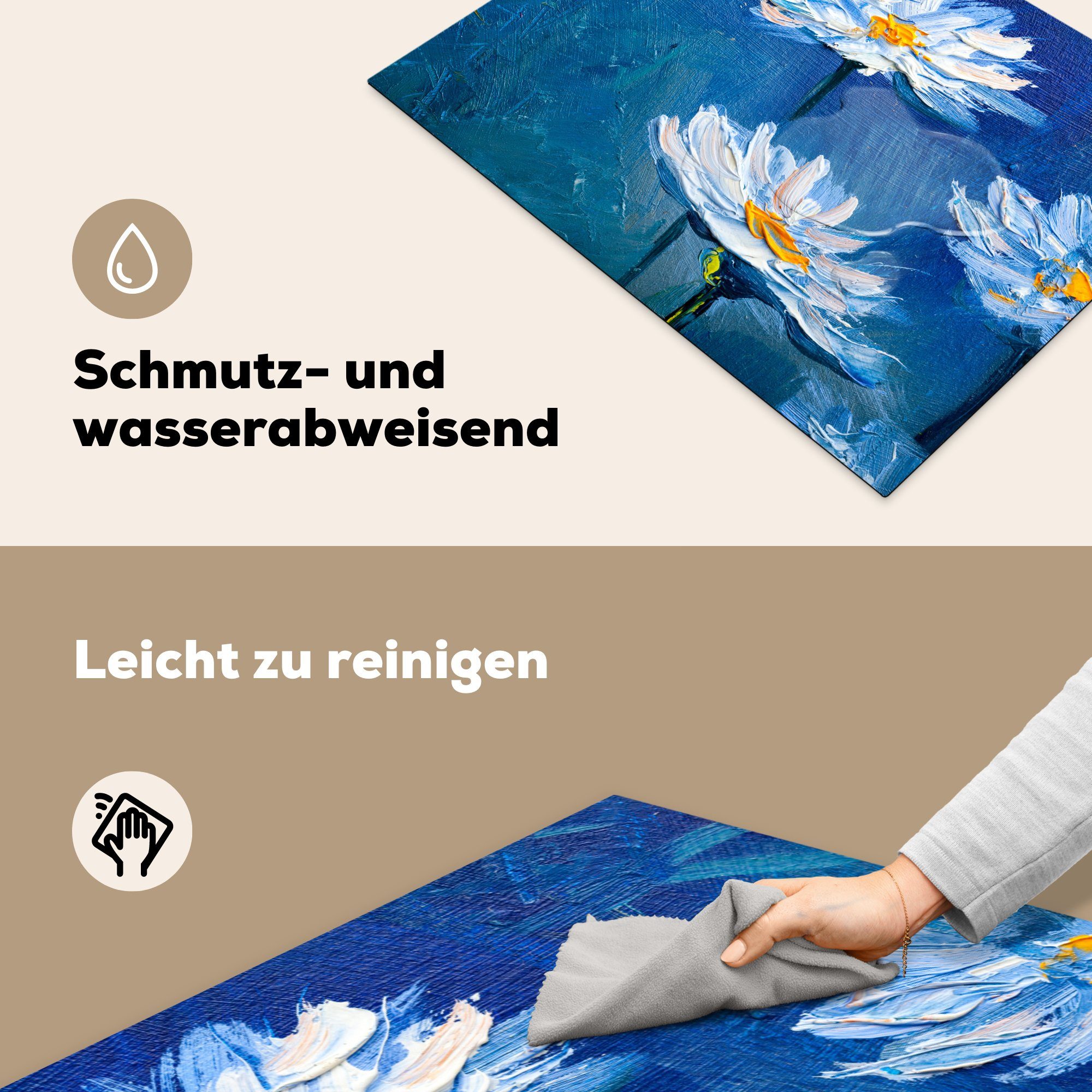 Ceranfeldabdeckung (1 Vinyl, Blumen Arbeitsfläche Gemälde Mobile MuchoWow Ölfarbe 70x52 Herdblende-/Abdeckplatte - cm, - Blau, nutzbar, tlg), -