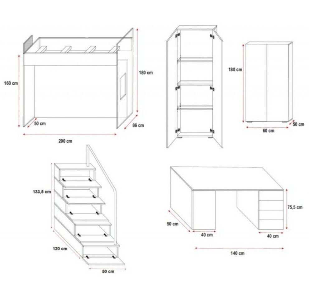 Schwarz Hochbett Tisch Schrank JVmoebel Hochbett Etagen Doppelstockbett Multifunktion