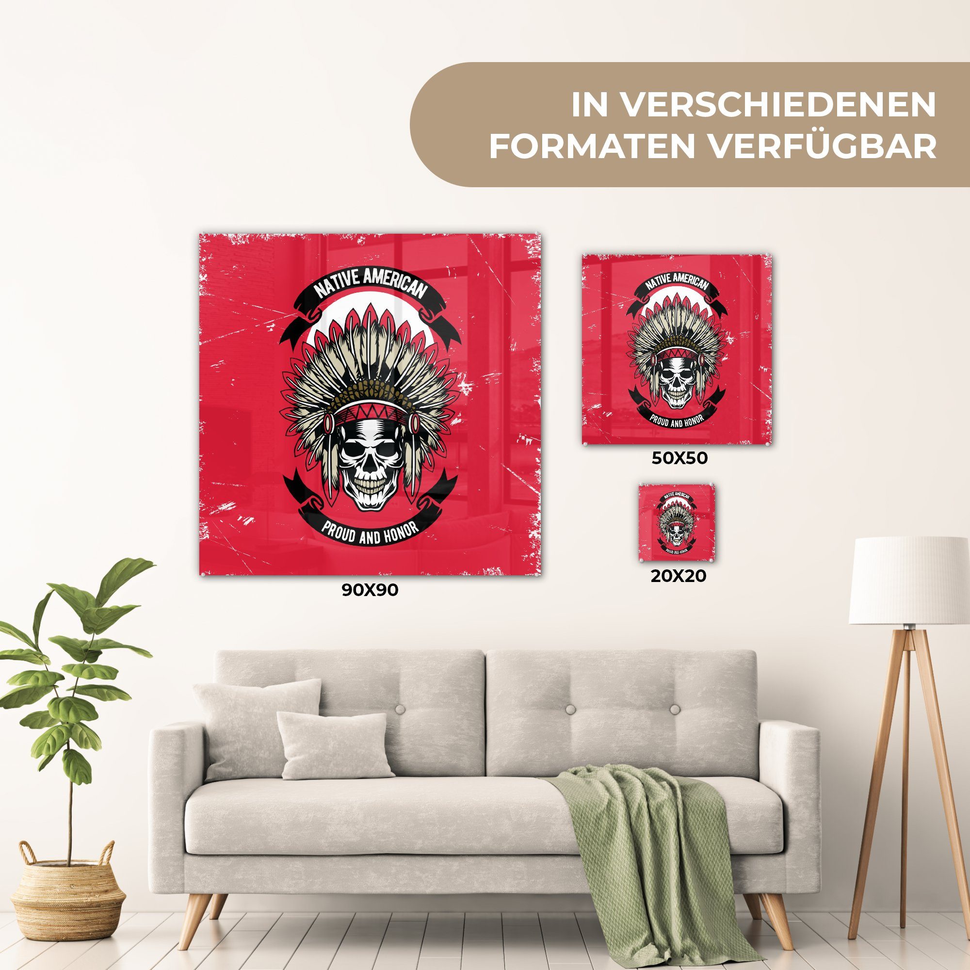 Zitat, Bilder - Glasbilder Wandbild - Vintage Acrylglasbild (1 auf - St), Wanddekoration - Glas - Totenkopf Indianooi auf MuchoWow Foto Glas -