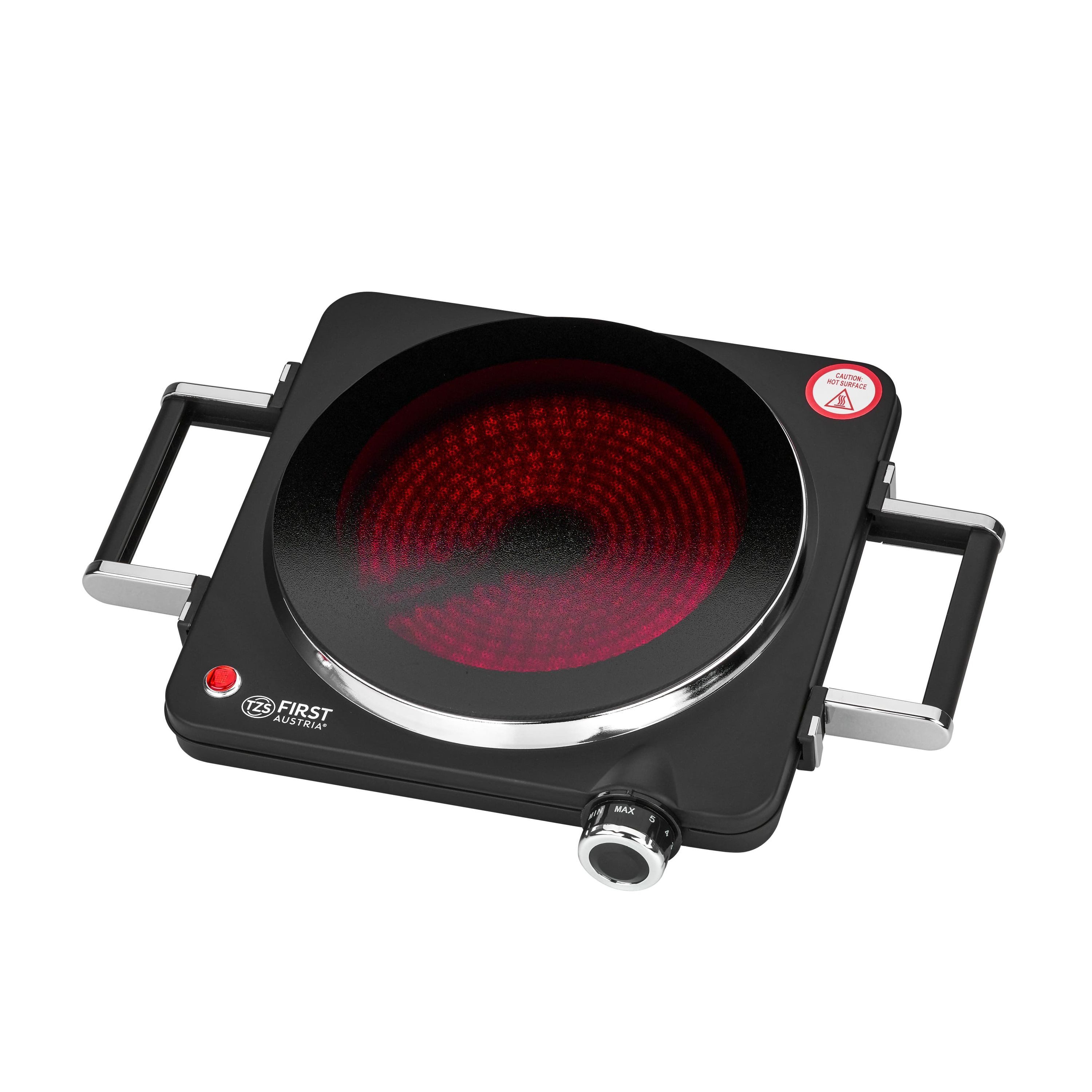 TZS FIRST AUSTRIA Einzelkochplatte Infrarot, mit Griffen, 1500W, Keramik, Temperaturregelung, Kochfeld Schwarz, Herdplatte für Camping