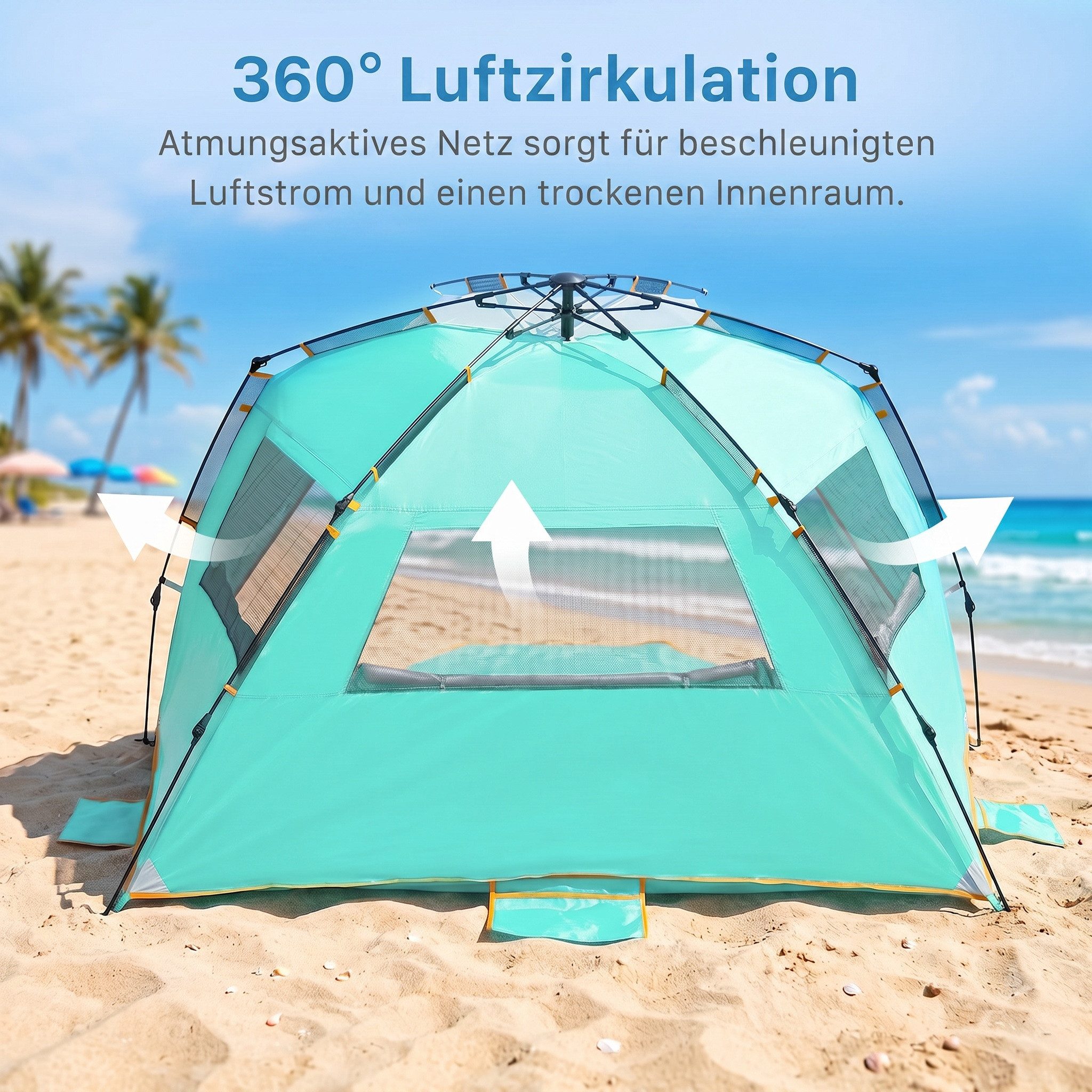 Wolfwise Strandmuschel Strandpavillon UV50+ leicht aufbau wasserfest Mesh-Fenster Strand., Personen: 7 (Set, 1 Strandmuschel, 4 Abspannleinen, 10 Heringe), UPF  – Bild 5 von 5