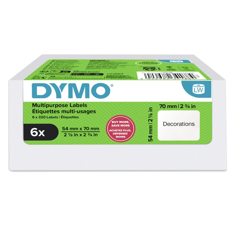 DYMO Etiketten DYMO Etiketten Rolle 70 x 54 mm Weiß 6 Rollen Wiederablösbar 2234188