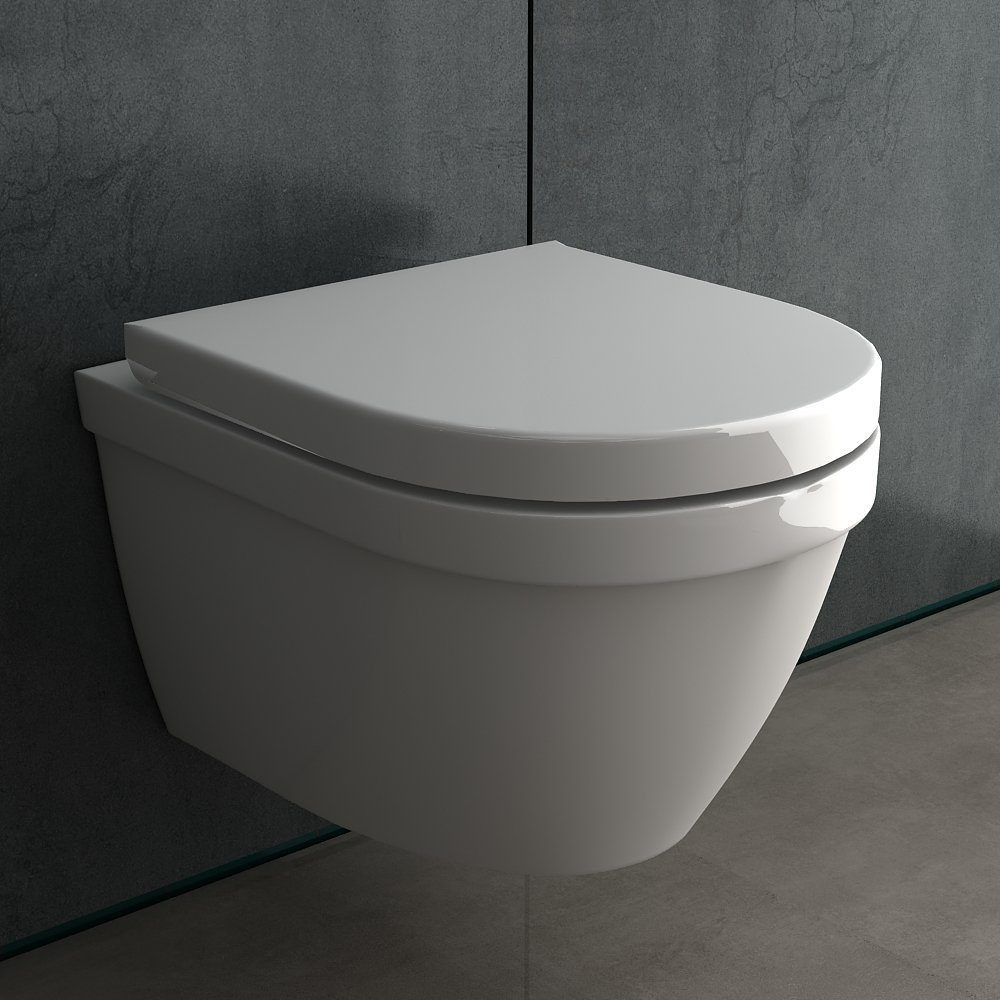 Alpenberger Tiefspül-WC - Wand WC Spülrandlos, Hänge WC Kurz 48 cm Kloschüssel, D Form WC Sitz, Wandmontage, Abgang waagerecht, 2-tlg. Hänge WC Passend zu Geberit, Lotus Effekt, Softclose Absenkautomatik Toilettensitz - Made in Europa
