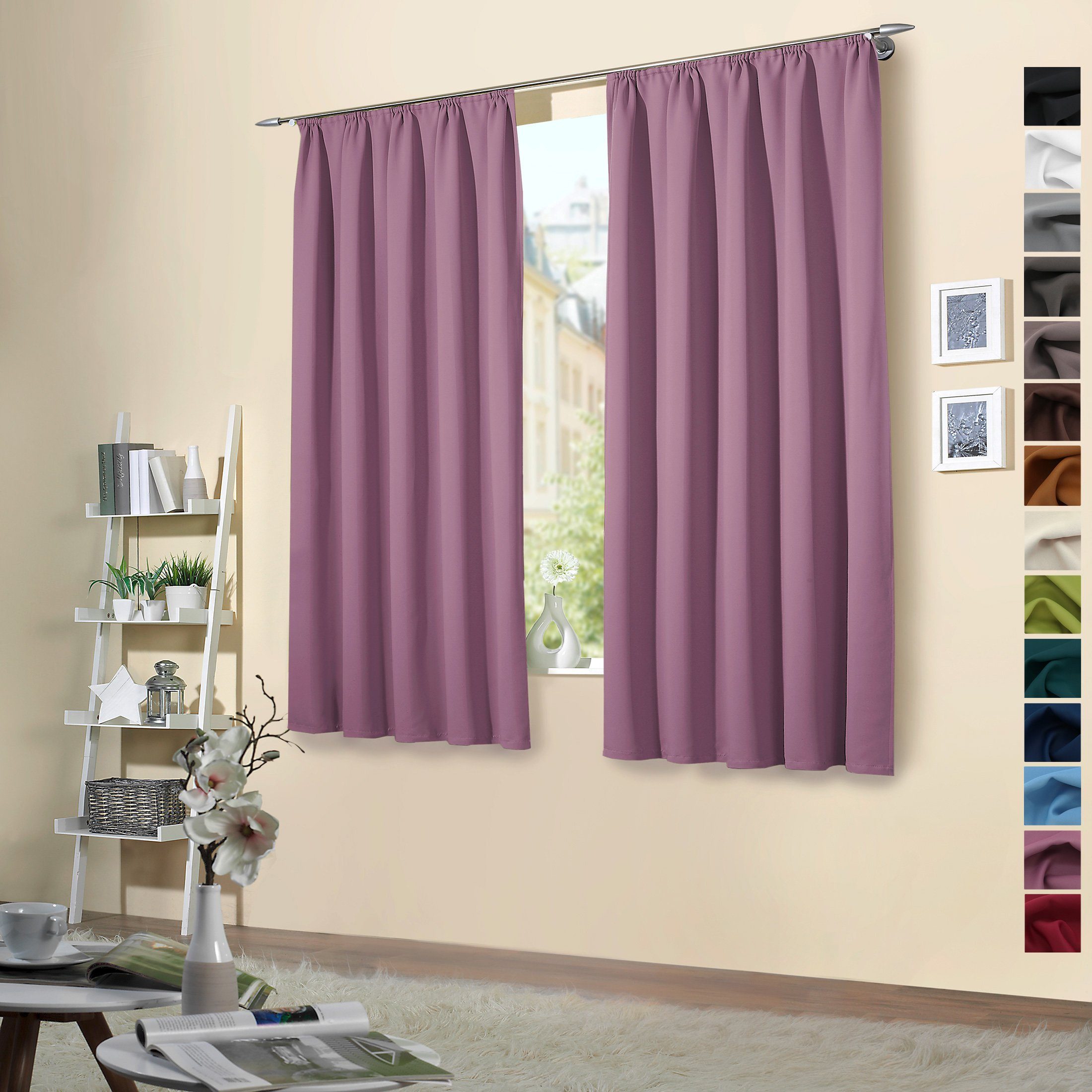 Mauve (2 Vorhänge Thermo Kräuselband Sonnenschutz Schalldämmung verdunkelnd, St), Verdunkelungsvorhang Verdunklungsstoff, Verdunklungsgardinen blickdicht, Kälteisolierung Verdunkelung heimtexland,