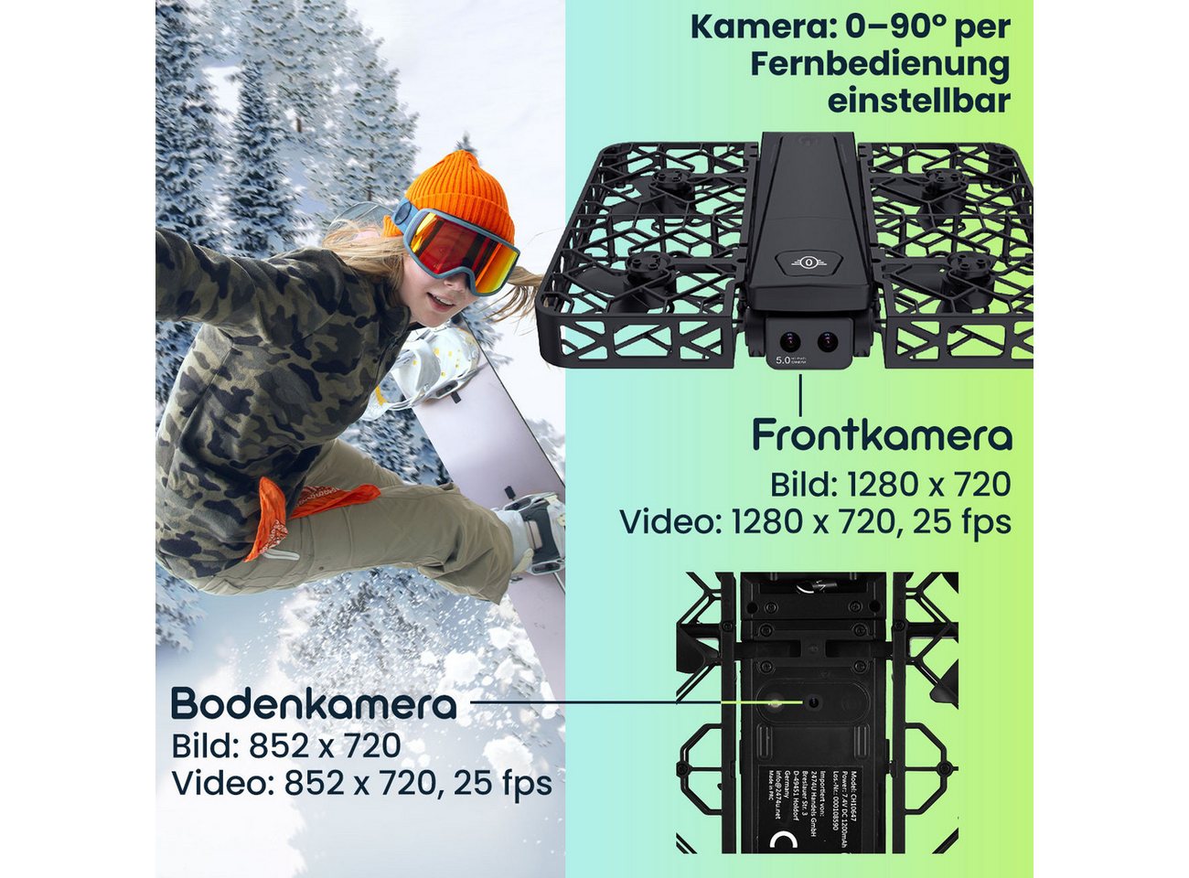 Casativo Duall-Full-HD Kamera Drohne faltbar mit 4,5" FPV Reichweite 120 m Drohne (4D Ultra-HD - 1280 x 720, 25 fps und 852 x 720, 25 fps, 3 Fluggeschwindigkeiten, Flugzeit max. 25 Minuten, 13.7 x 9 x 3.5 cm) schwarz