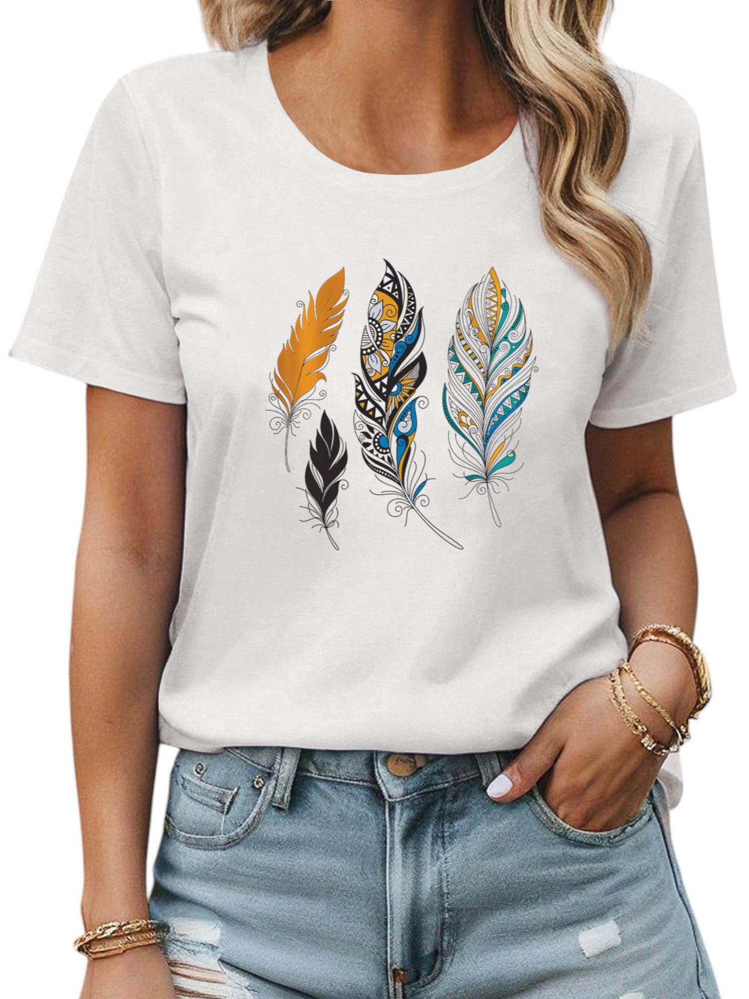 Rundhalsshirt Damen Sommer Rundhalsshirt mit Ausgefallene Print,Kurzarm T-shirt