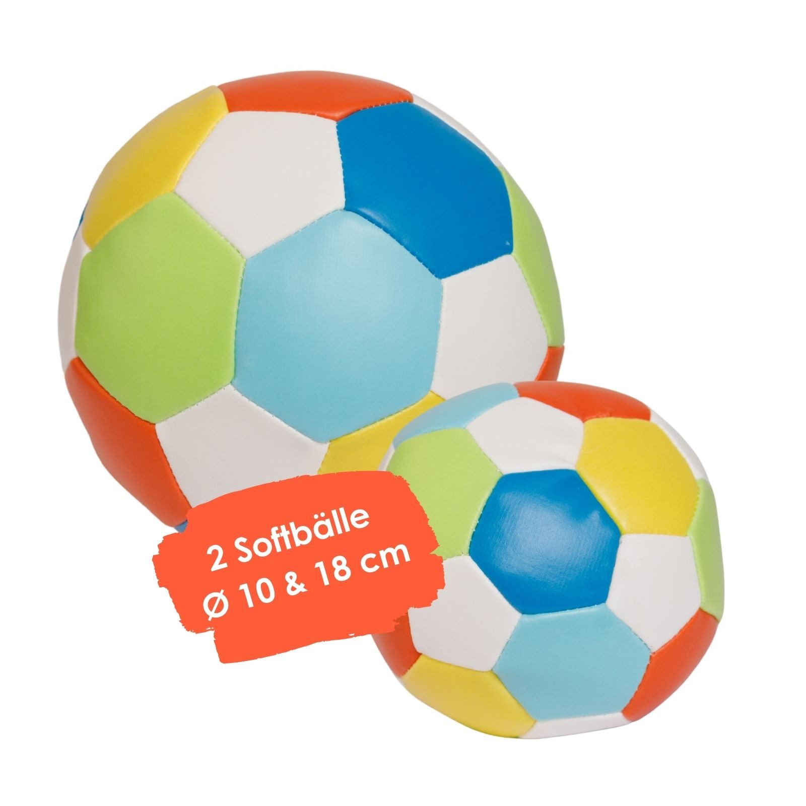 alldoro Softball Set, 2 weiche Мячи für Kinder ab 0 Jahre, bunt, Ø 10 + 18 cm, Kinderbälle, extra weich und leicht, Ballspiele für drinnen & draußen