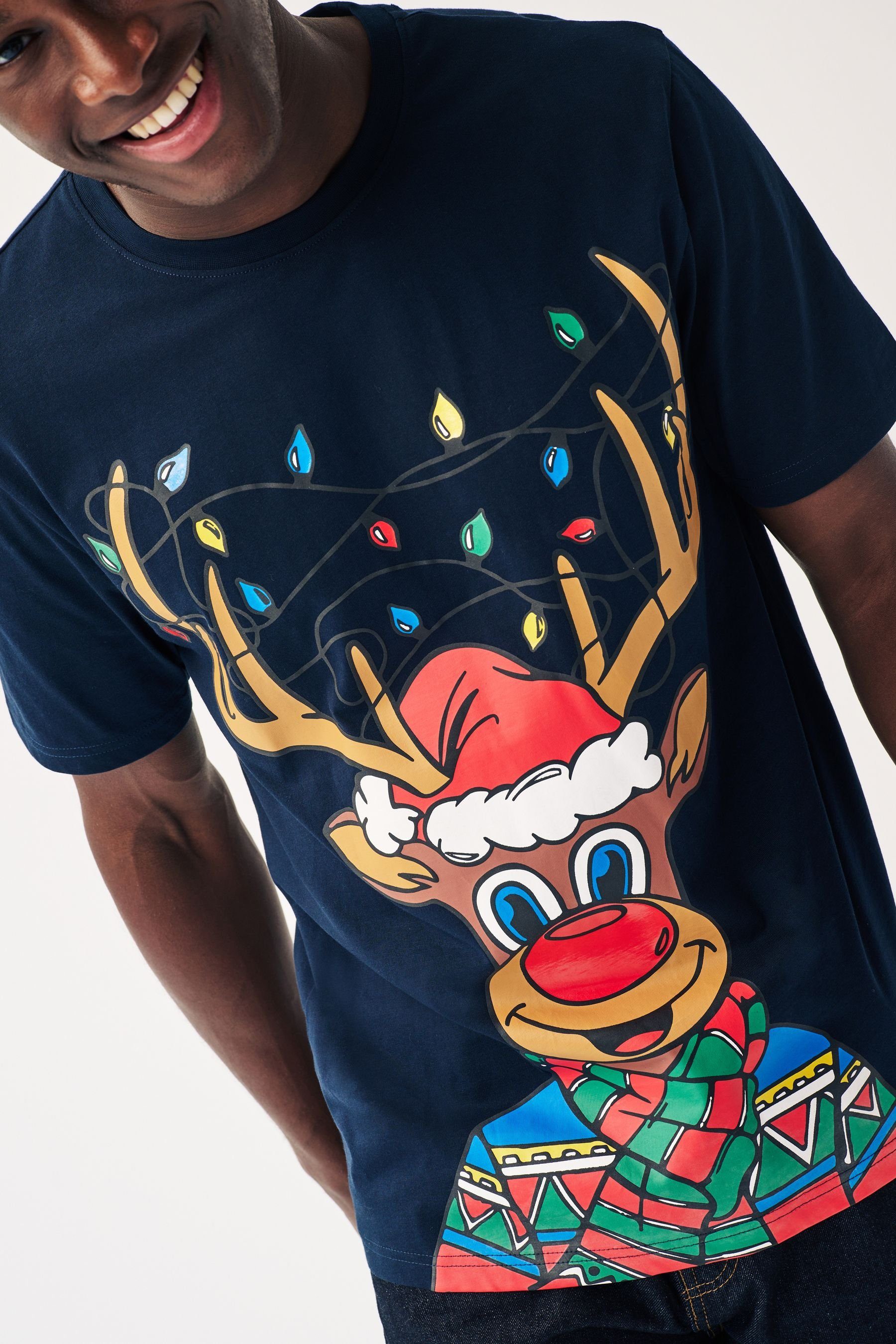 mit (1-tlg) T-Shirt Reindeer Next Navy Blue Print-Shirt Weihnachtsmotiv