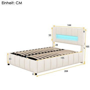 Fangqi Polsterbett 140x200 cm gepolstertes Doppelbett mit LED-Beleuchtung und Stauraum (set, Familienbett, Jugendbett, passend für verschiedene Dekorationsstile), Polsterbett mit LED-Beleuchtung und großem Bettkasten