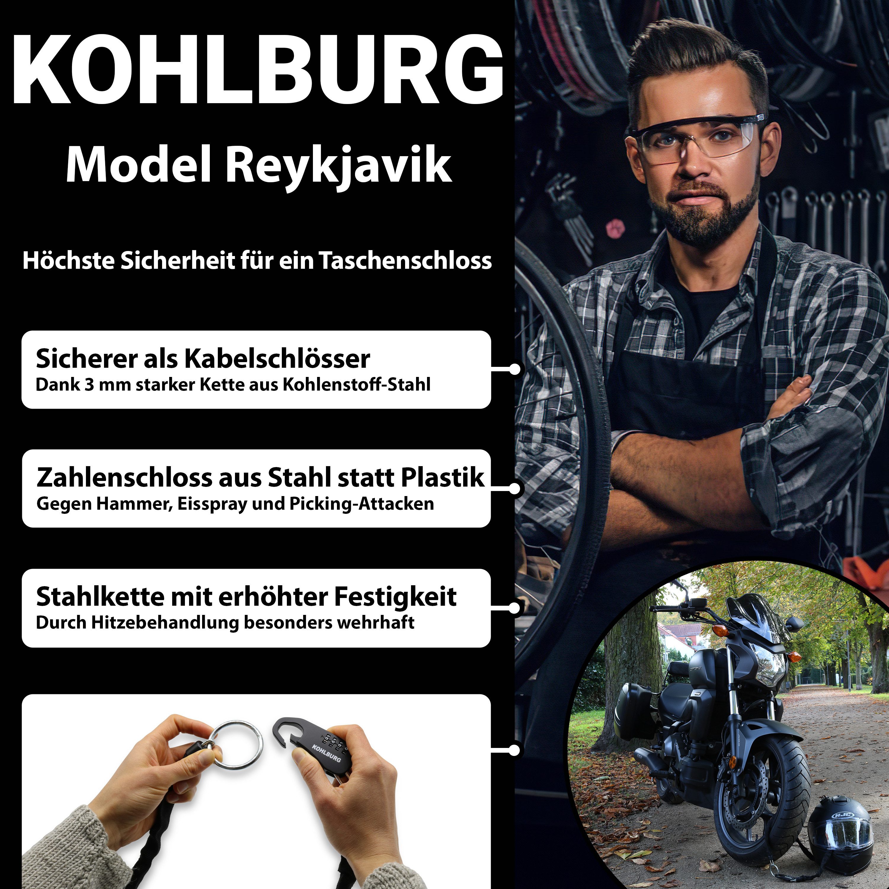 KOHLBURG Zahlenkettenschloss Sicheres Taschenschloss aus Kette & Zahlencode 129cm lang, Robuste Sicherheit für Kinderwagen, Ski, Motorradhelm, Koffer, & mehr