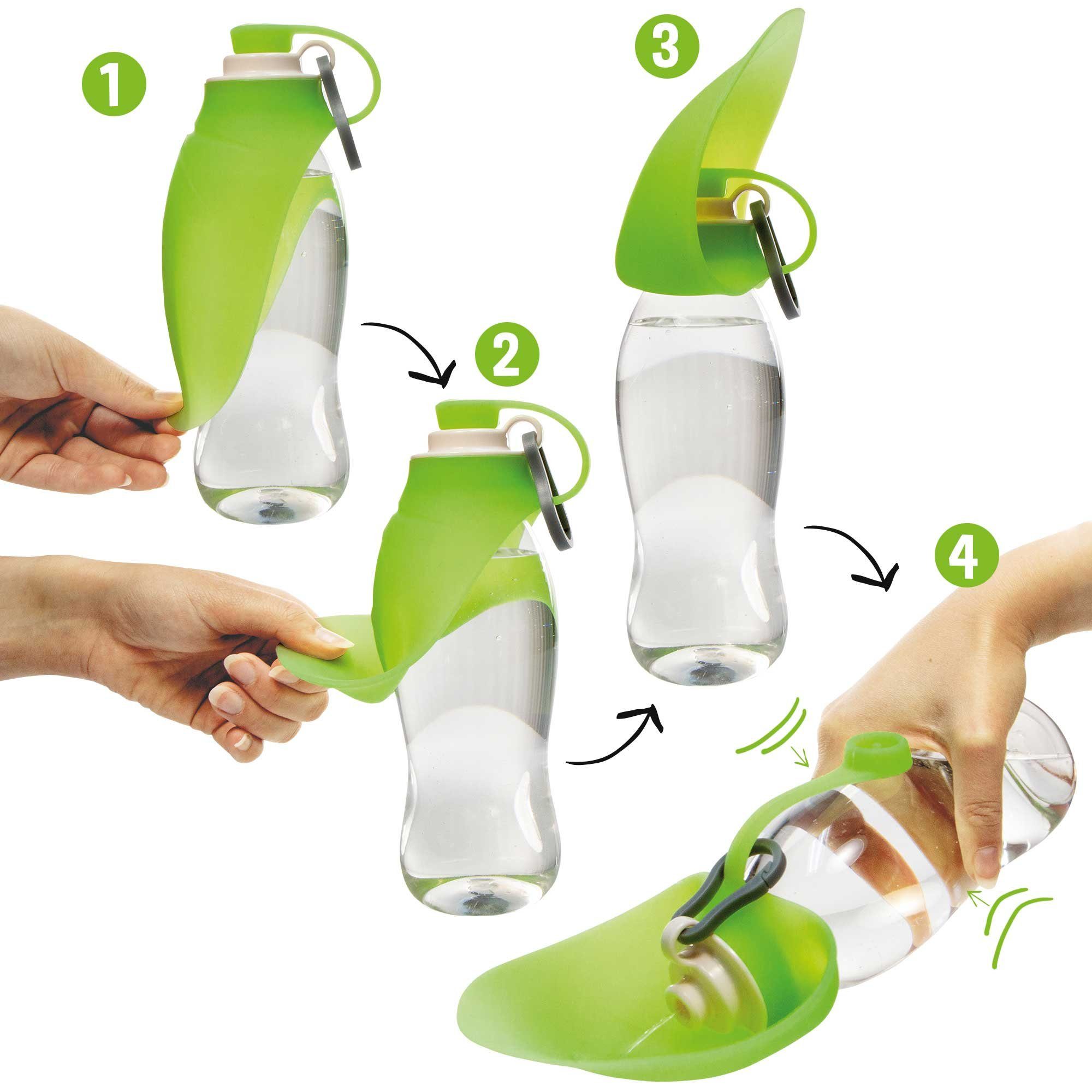 Procyon Reisenapf Hunde - Trinkflasche mit Silikon - Trinkblatt, Kunststoff, Silikon, Das an der Flasche anliegende Blatt einfach nach vorne umklappen
