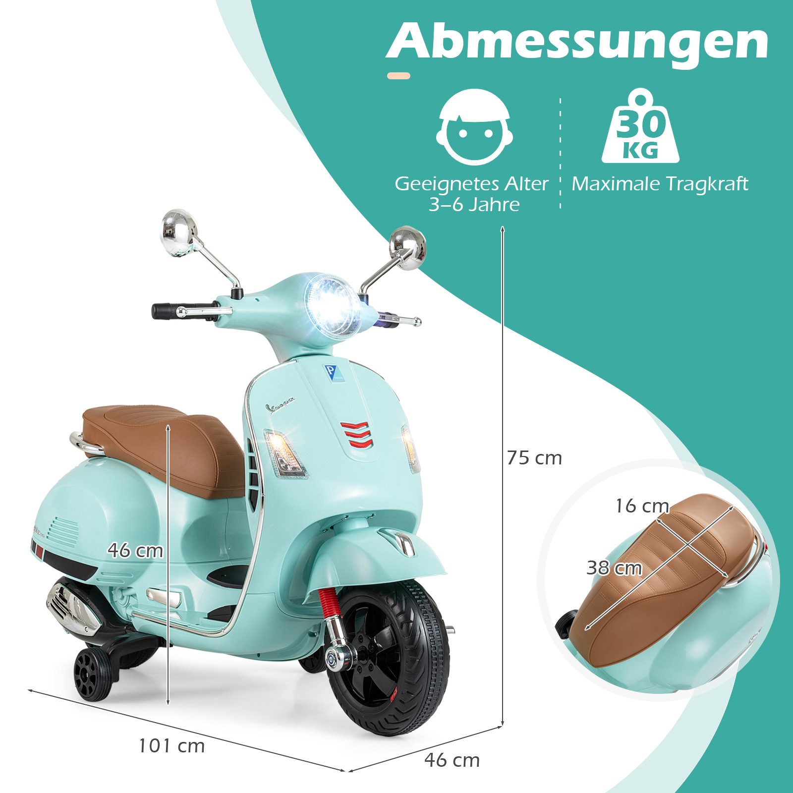 COSTWAY Elektro-Kindermotorrad, Belastbarkeit 30 kg, (1-tlg), 12V Motorrad mit LED-Scheinwerfer & Hupe, 2-3 km/h
