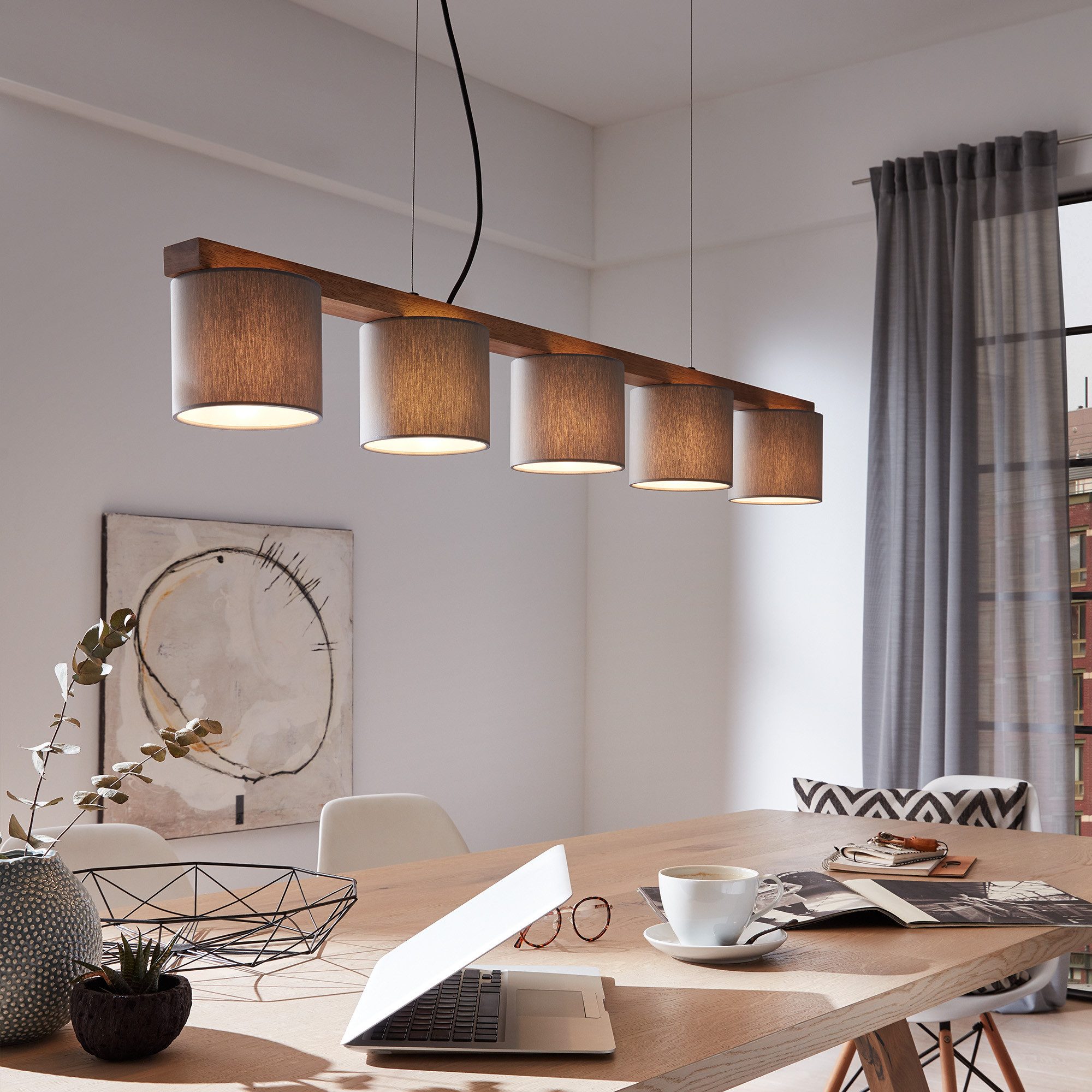 B.K.Licht LED Pendelleuchte dimmbar Hängeleuchte 85cm höhenverstellbar 95-175cm silber - BKL1001, E14, ohne Leuchtmittel, Warmweiß, Pendellampe, Stoffschirm, höhenverstellbar, grau, aus Metall und Holz