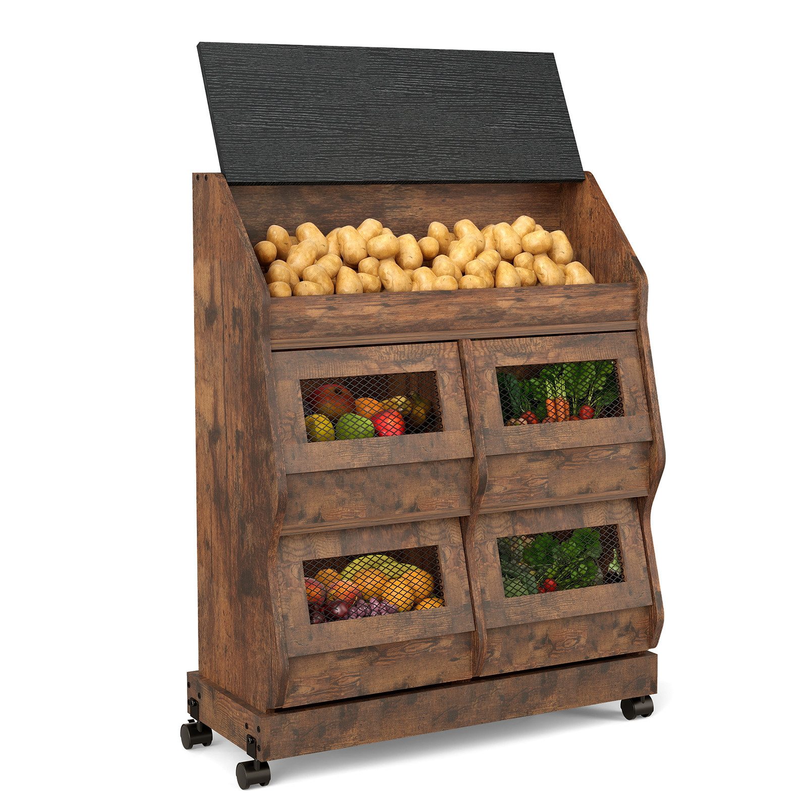 Puluomis Vorratsdose Vorratsdose Kartoffelbox, Gemüsebox mit Rollen, Kartoffelkiste, (Gemüsebehälter mit Belüftung und Brotfach, Aufbewahrung von Gemüse und Obst, Kartoffelbox braun schwarz)
