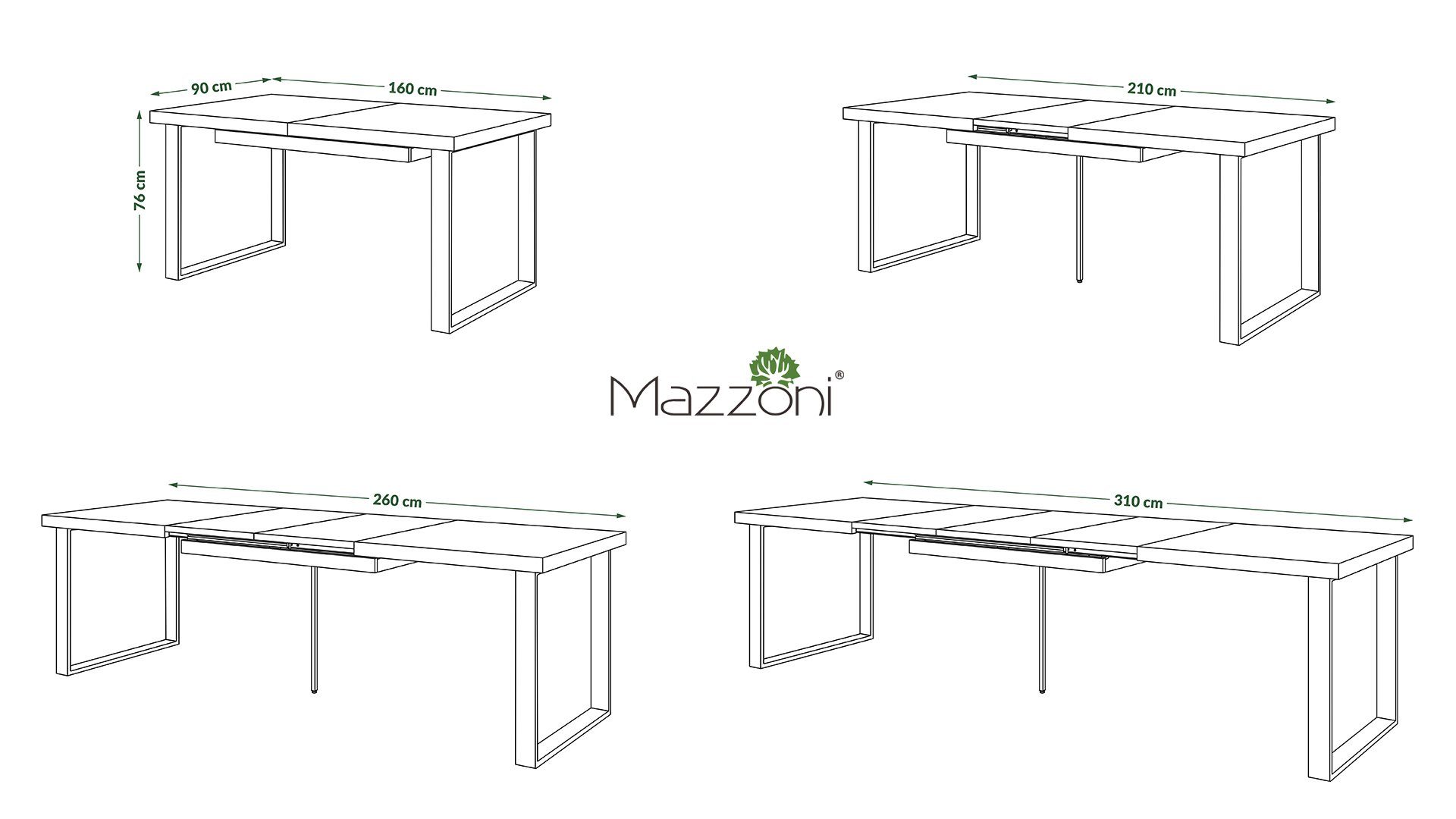 160 Mazzoni matt - Avella Esstisch Design ausziehbar bis matt Esstisch 310 Tisch Schwarz cm Weiß