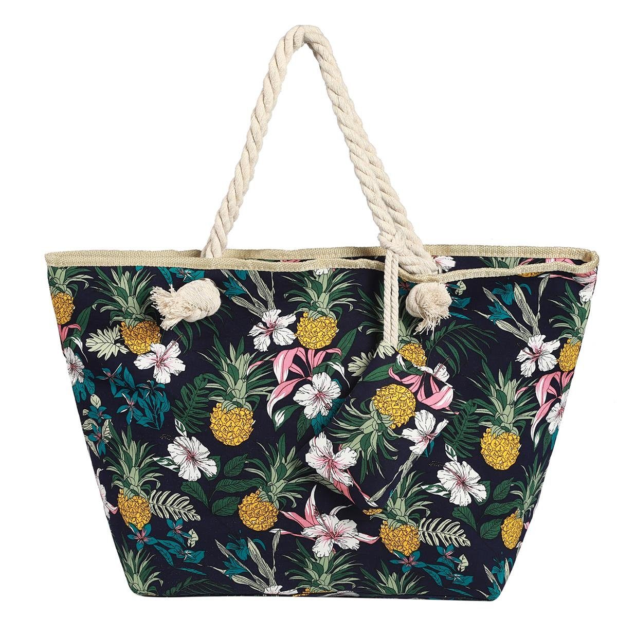 DonDon Strandtasche Shopper wasserabweisende Tasche (2-tlg), Große Strandtasche, mit Reißverschluss, inkl. kleinem Beutel blumen-Ananas