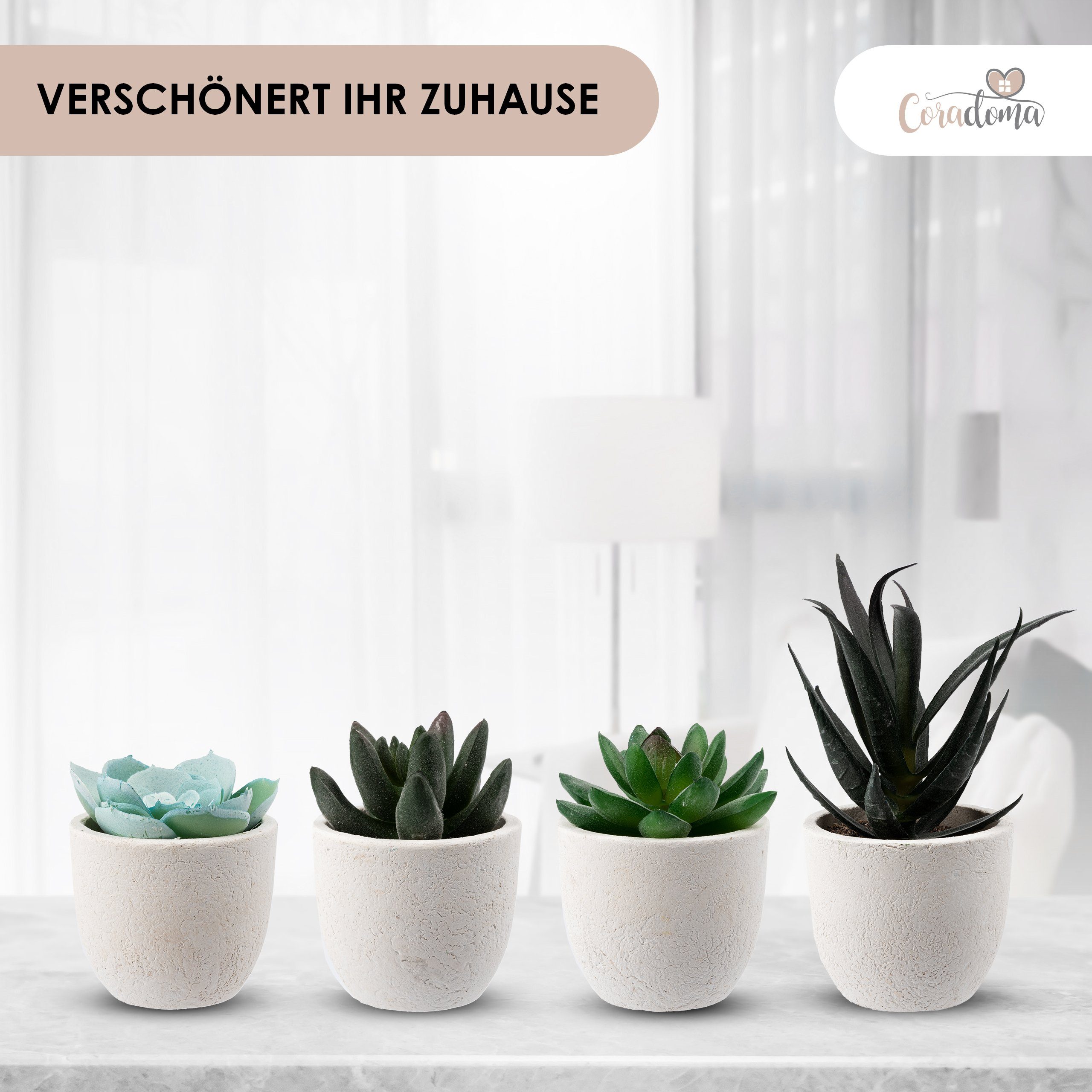 Kunstpflanze Künstliche Pflanzen im Topf Mini Set Dekoration Modern Wohnzimmer Sukkulente, Coradoma – Bild 4 von 5