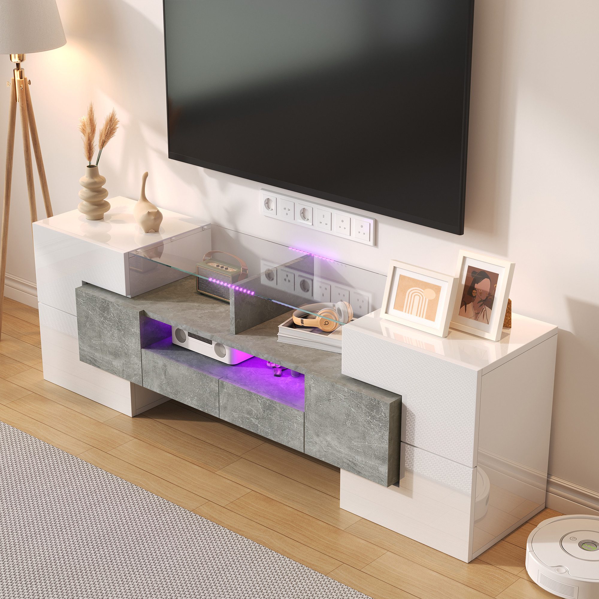 Merax TV-Schrank Hochglanz (1-St) Lowboard mit LED und Stauraum, Fernsehtisch, TV-Ständer, Breit: 145 cm