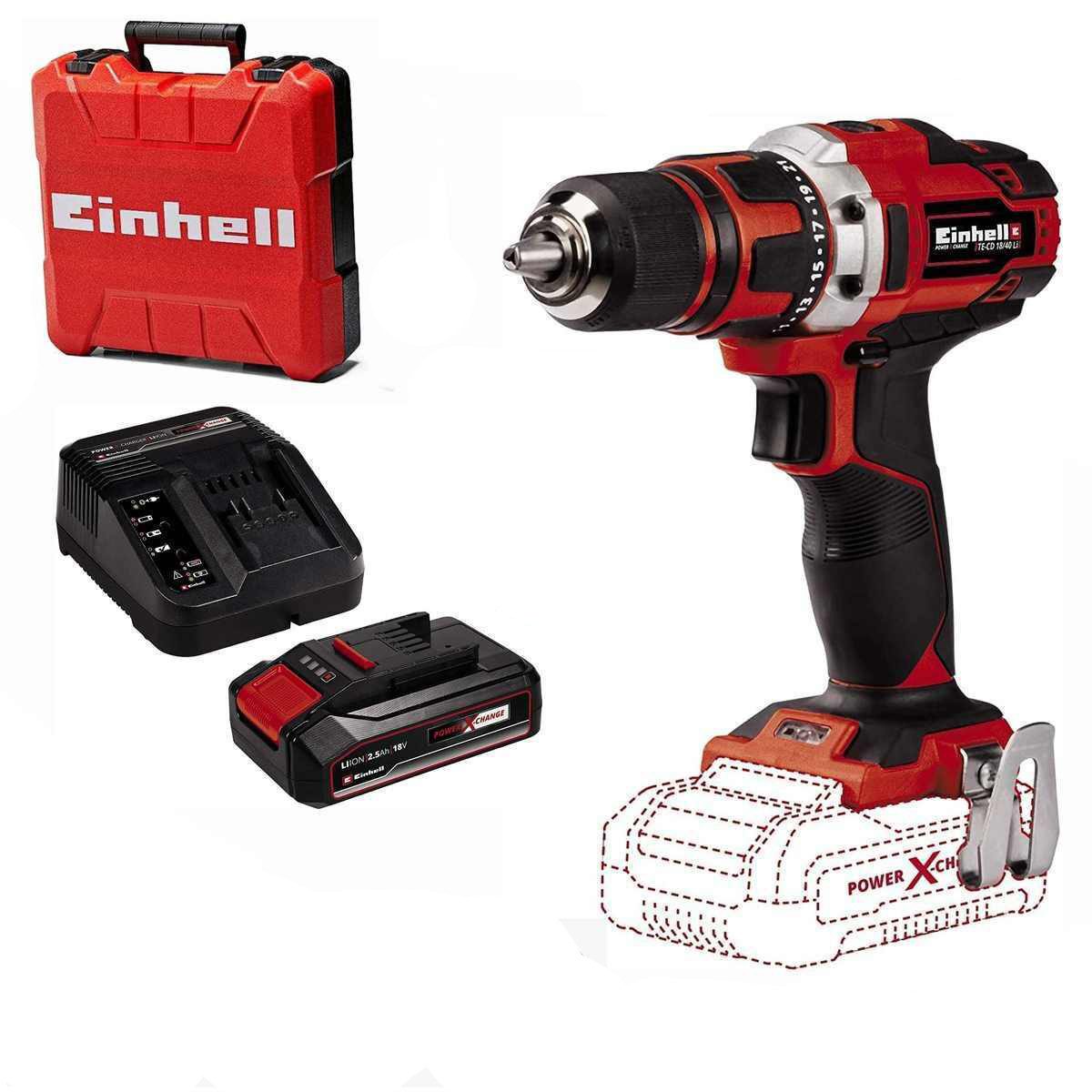 Einhell Akku-Bohrschrauber Bohrschrauber TE-CD 18/40 Li- 18V 40 Nm mit Akku 2.5 Ah, Ladeg. Koffer
