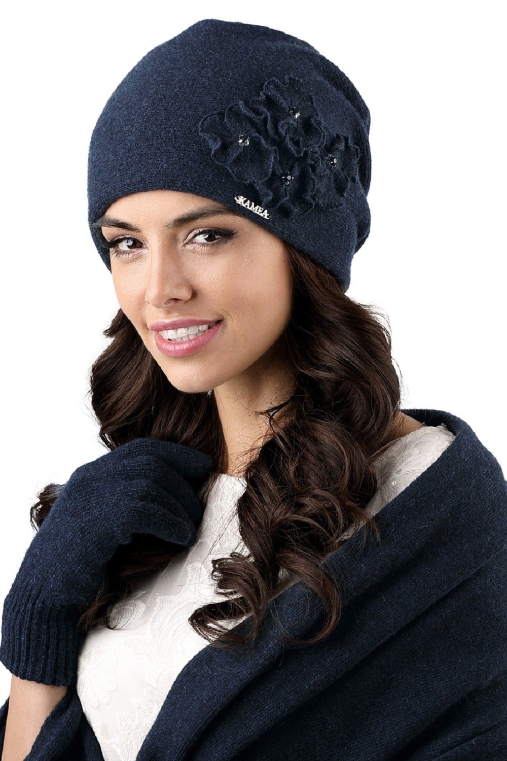 Kamea Strickmütze Damen Winterset Andora Mütze mit passendem XL Schal, hergestellt in EU Dunkelblau