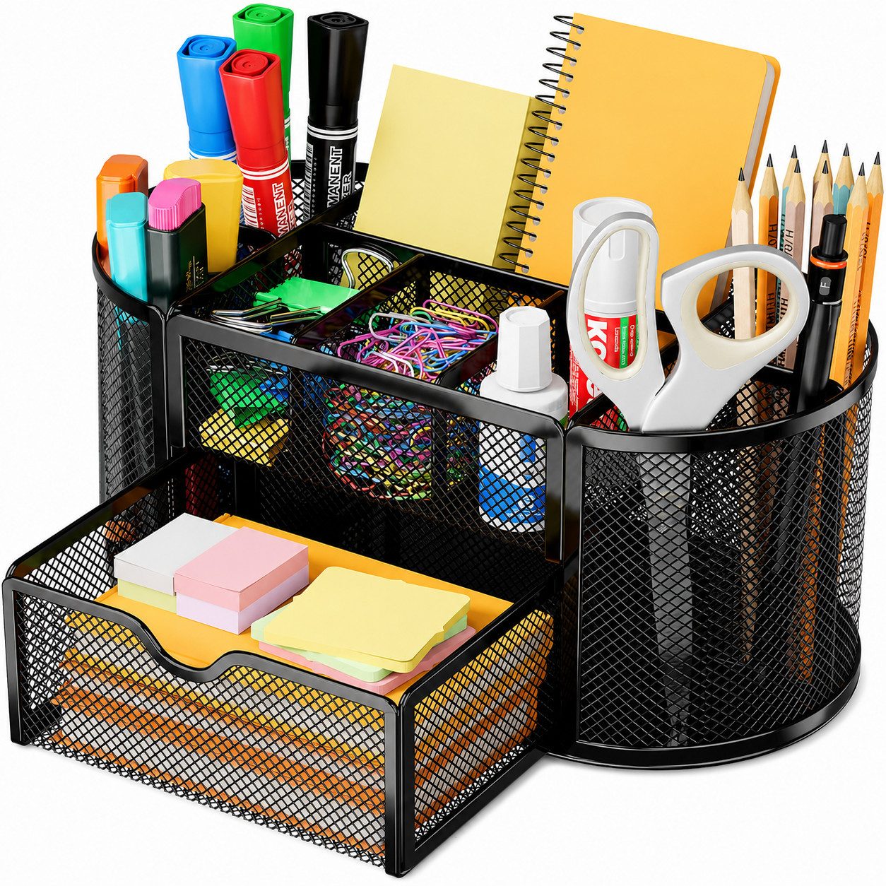 AIMAX Organizer Schreibtisch Organizer aus Metall, 8 Fächer und ausziehbare Schublade, Stiftehalter und Stifte Organizer für Büro, Schule und Kinder, Schwarz