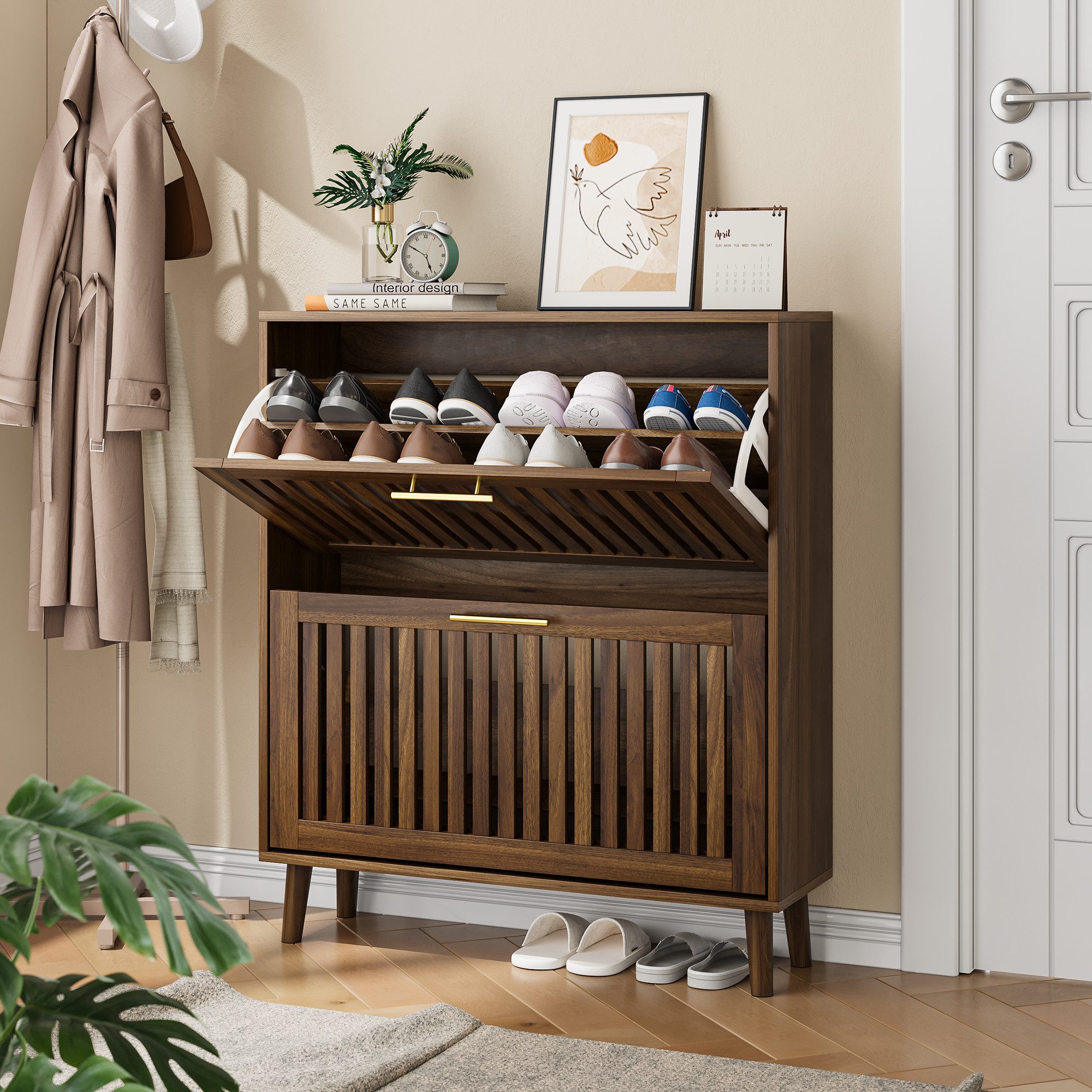 wohnTRAUM24 Schuhschrank Schuhschrank aus Walnussholz modernen Stil mit zwei Klappschubladen Schuhschrank Walnuss freistehend für Flure und Eingangsbereiche