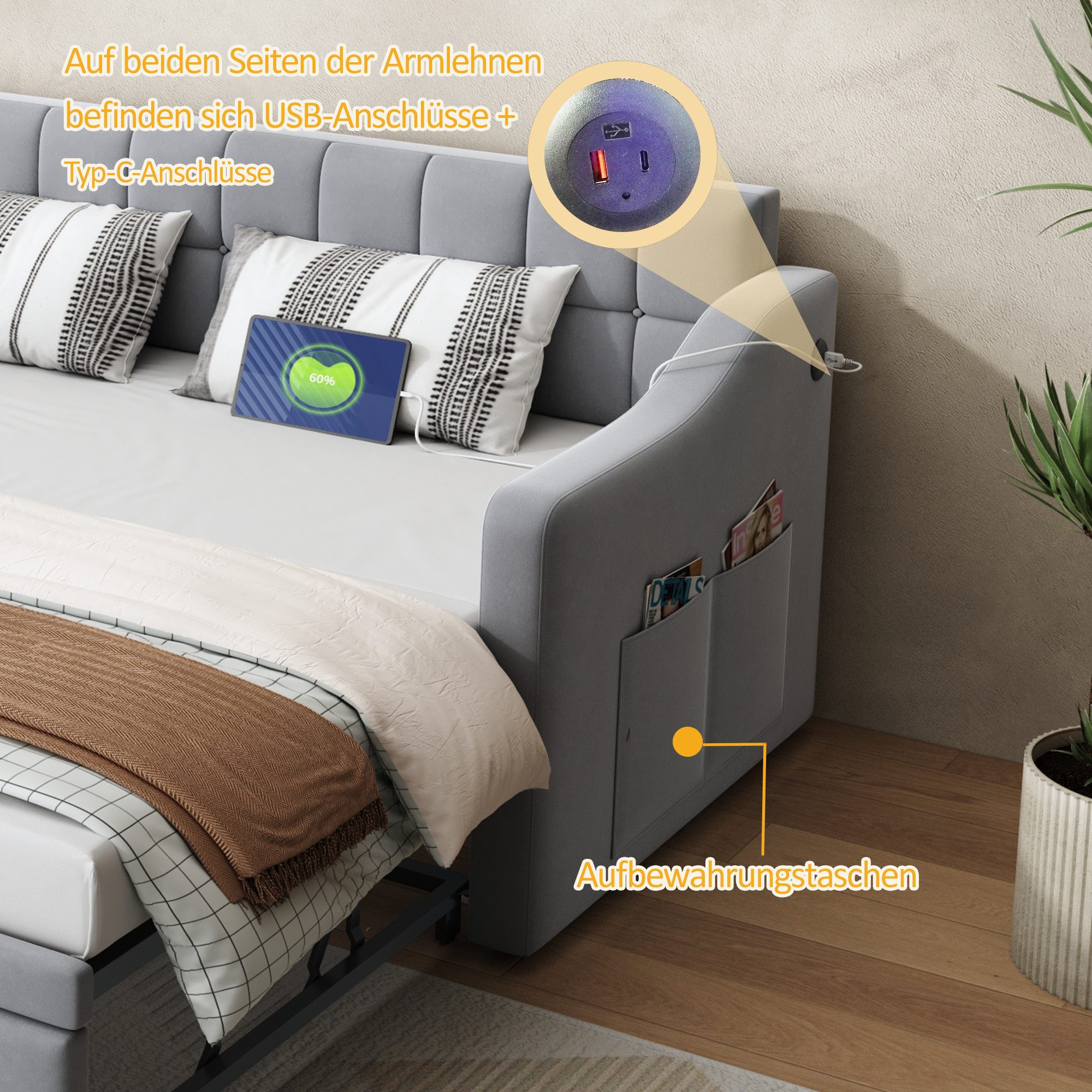 OKWISH Bett Polsterbett Ausziehbares Schlafsofa (Tagesbett Daybett 90/180 c günstig online kaufen