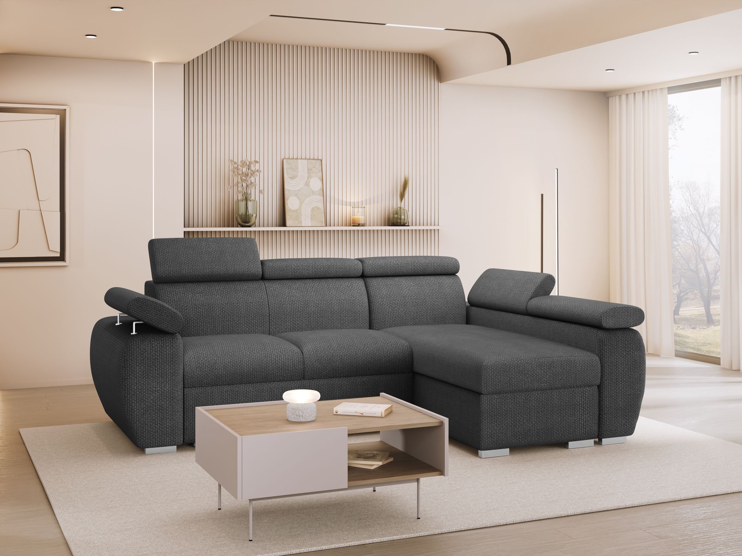 MIRJAN24 Ecksofa Boston Mini, mit Bettkasten und Schlaffunktion, mit Einstellbare Kopfstützen, L-Form, 255x170x85-98 cm