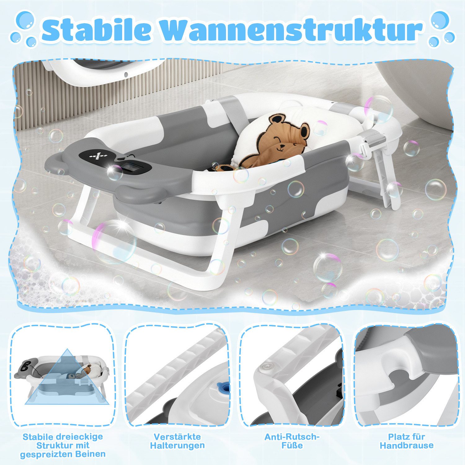 Clanmacy Babybadewanne Baby Badewanne, Faltbare, mit Anti-Rutsch-Badekissen, Baby Bathtub, (1-tlg)