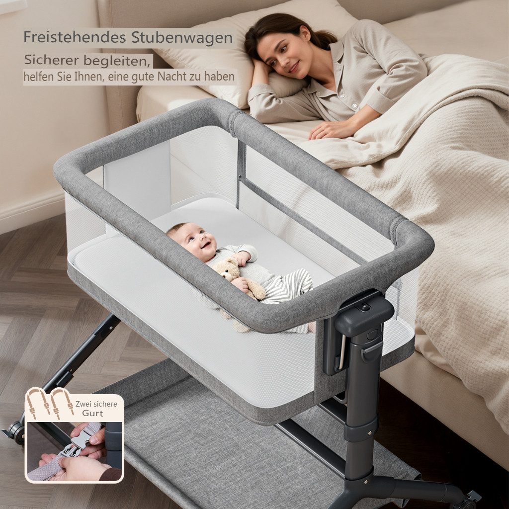 Insma Beistellbett 3 in 1 Babybett Babywiege Reisebett für Neugeborene, 6-stufige Höhenverstellung, mit feststellbarer Rollen, Matratze