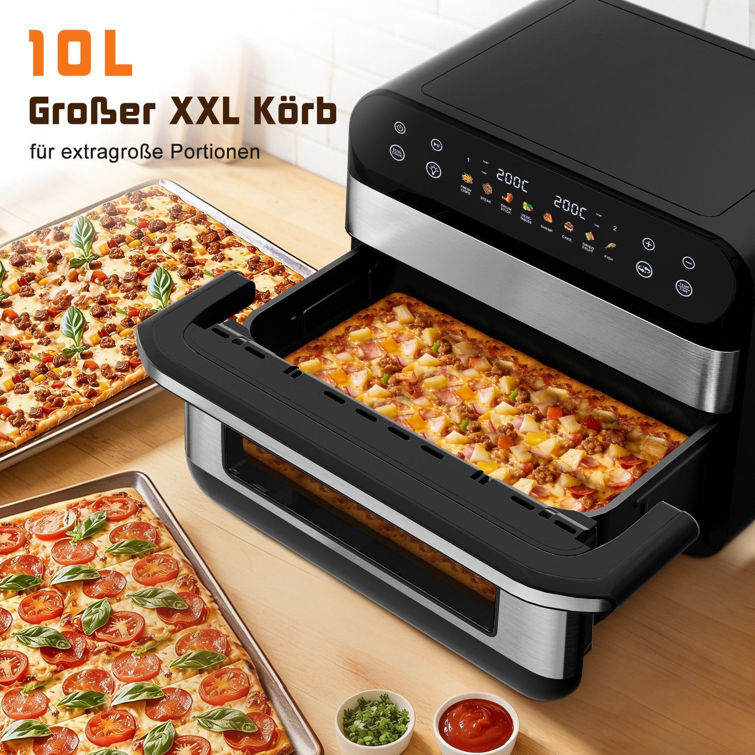 Fukstern Heißluftfritteuse XXL Familien-Airfryer 10L – Ein Topf oder 2-Zonen Airfryer mit Metall-Innenraum, Touchscreen & Sichtfenster, 2400 W, Herausnehmbare Trennwand, 8-in-1, separate Temperatur – Pizza