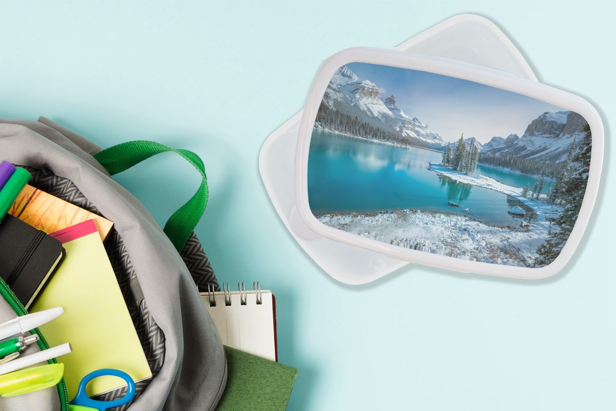 (2-tlg), MuchoWow Winter - Berg, für Kinder Erwachsene, weiß Brotdose, - Schnee Lunchbox Mädchen für Kunststoff, Wasser und Brotbox - - Landschaft Jungs und