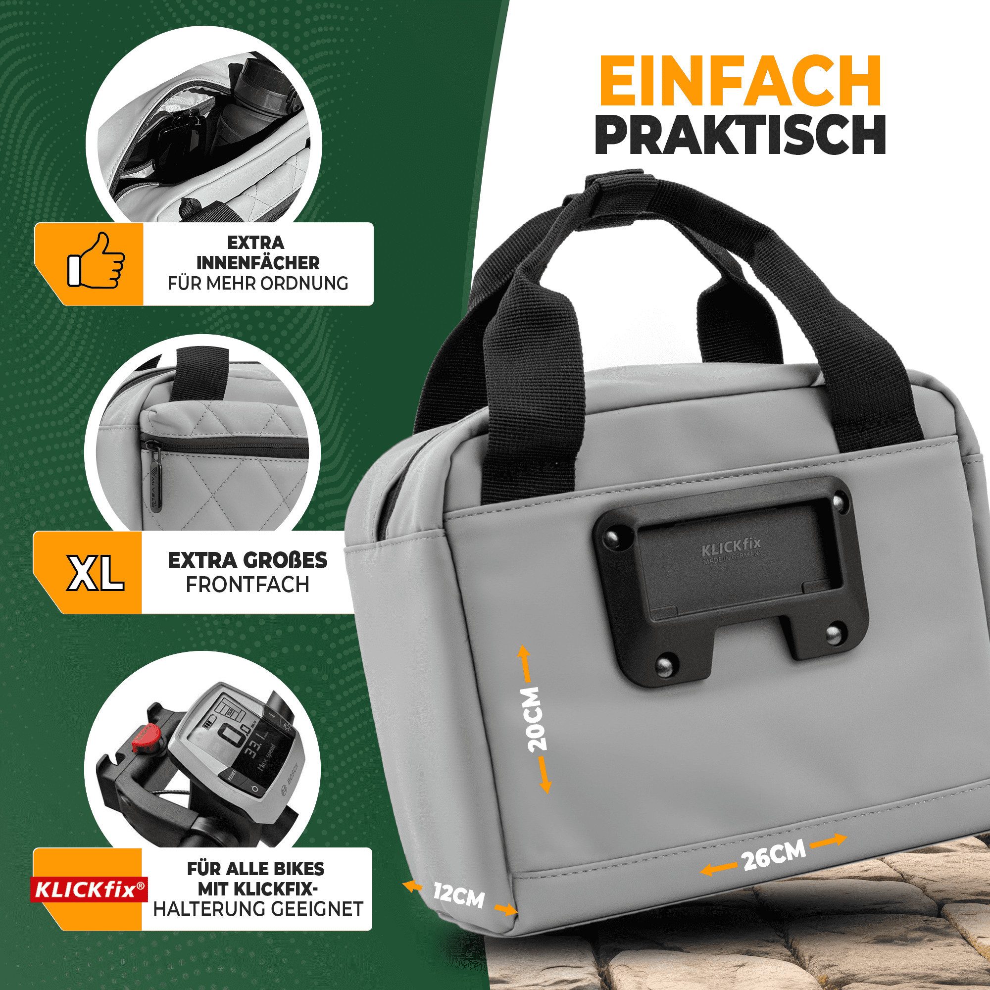MIVELO Lenkertasche Fahrradtasche Lenker für KLICKfix, Fahrrad Tasche inkl. Regenschutz, KLICKfix kompatibel