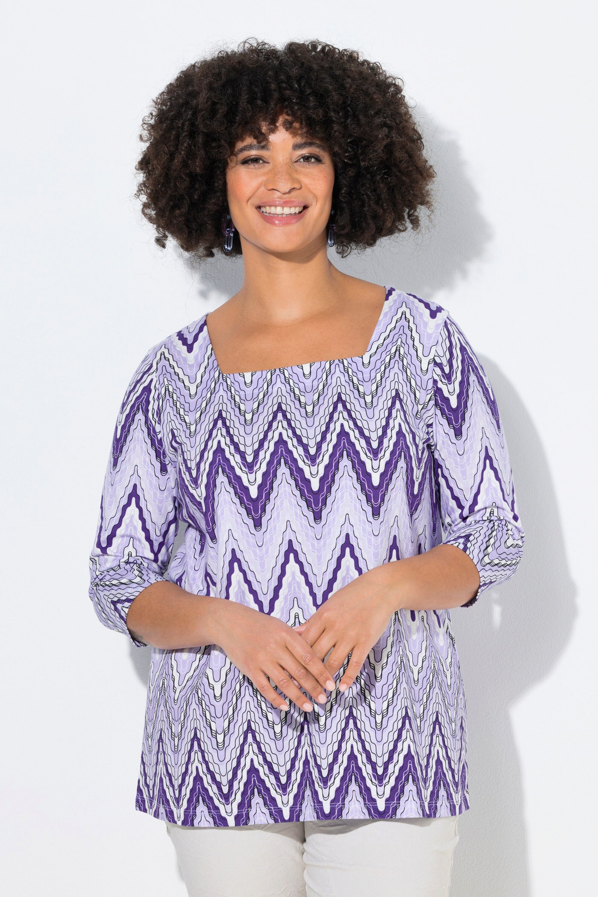 T-Shirt T-Shirt A-Linie Zackenmuster Carree-Ausschnitt