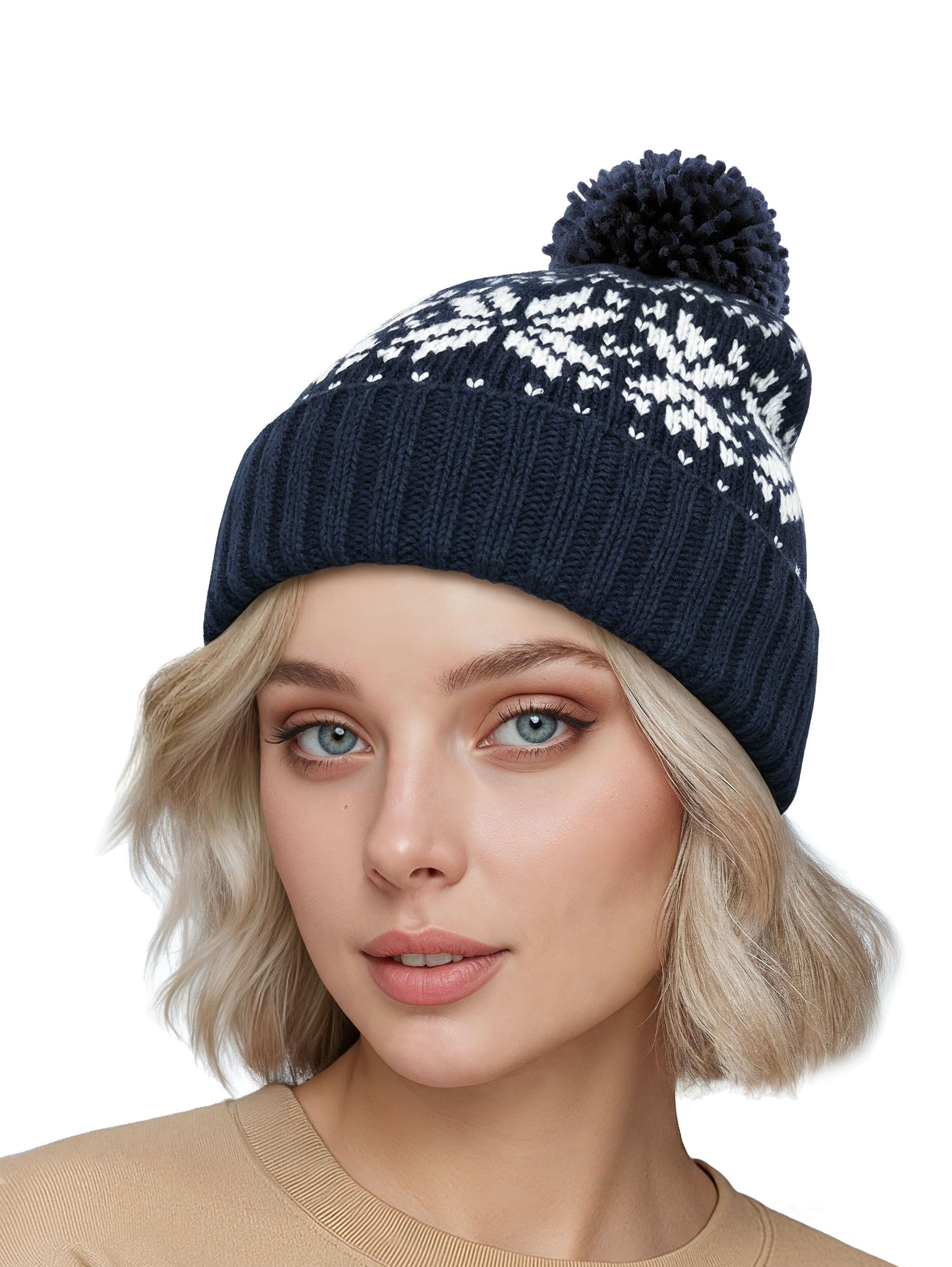 Neverless Strickmütze Damen Strickmütze Norweger Strickmuster Pudelmütze Wintermütze mit